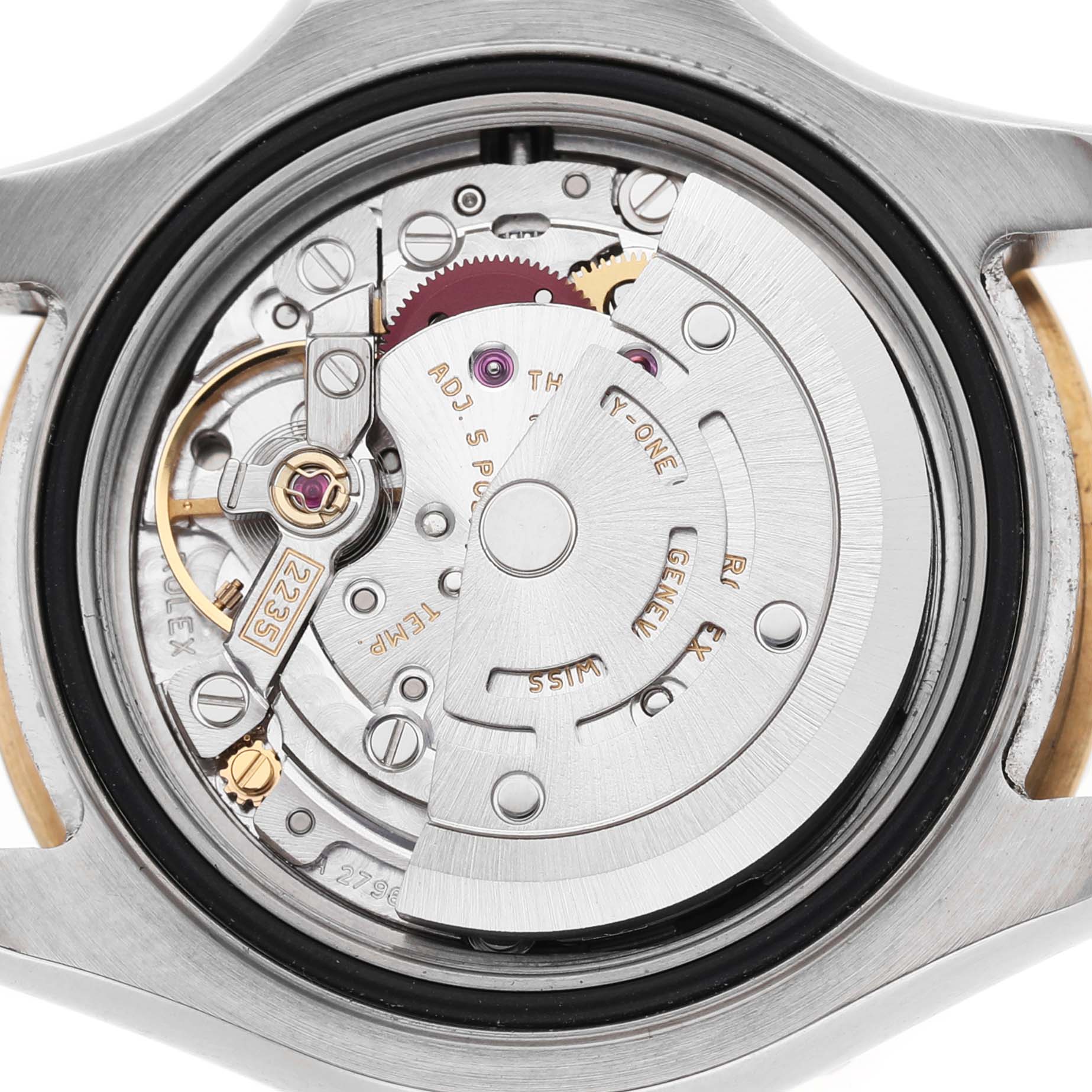 The image shows the Rolex Yacht-Master 169623 Women's Steel and Gold (two tone) Blue Dial's movement from the back, highlighting the rotor and intricate mechanical components.