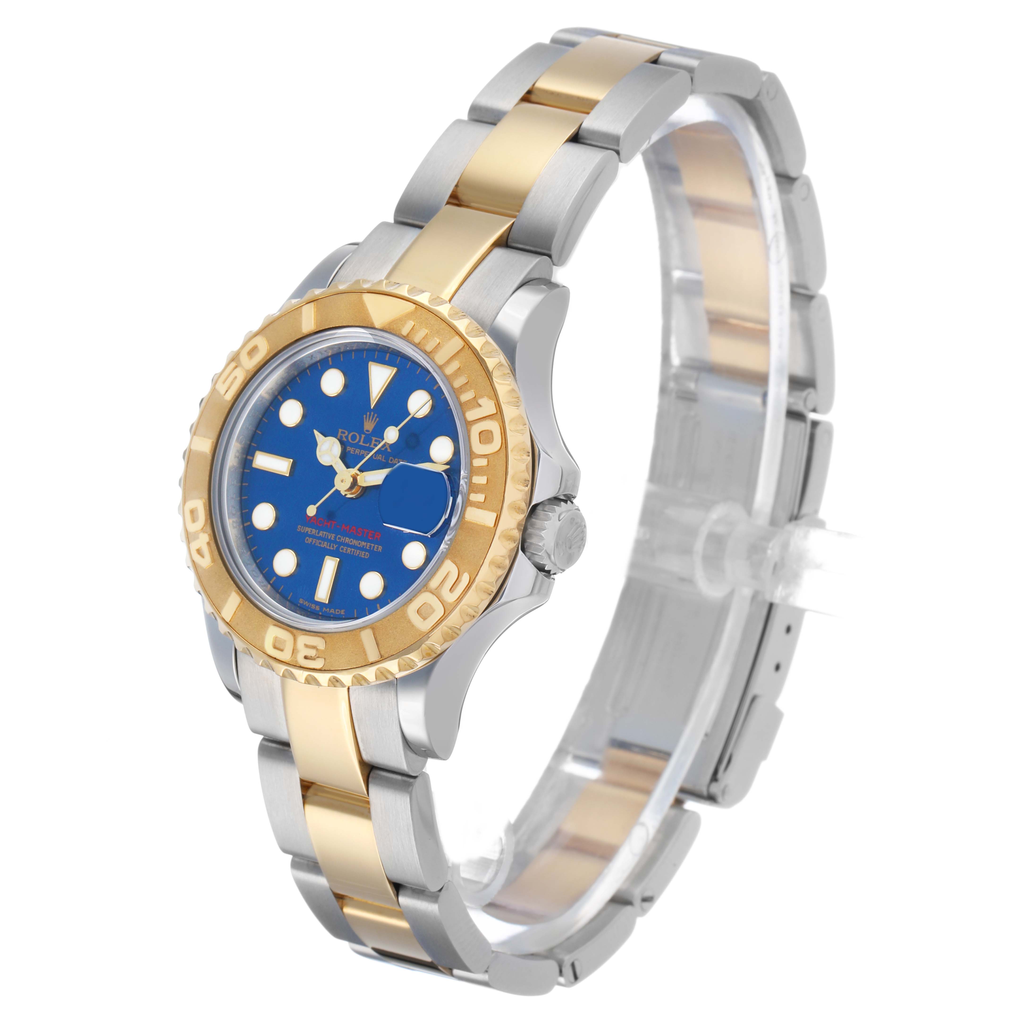 The Rolex Yacht-Master 169623 Women's Steel and Gold (two tone) Blue Dial watch is shown at a three-quarter angle highlighting the bezel, dial, case, and bracelet.