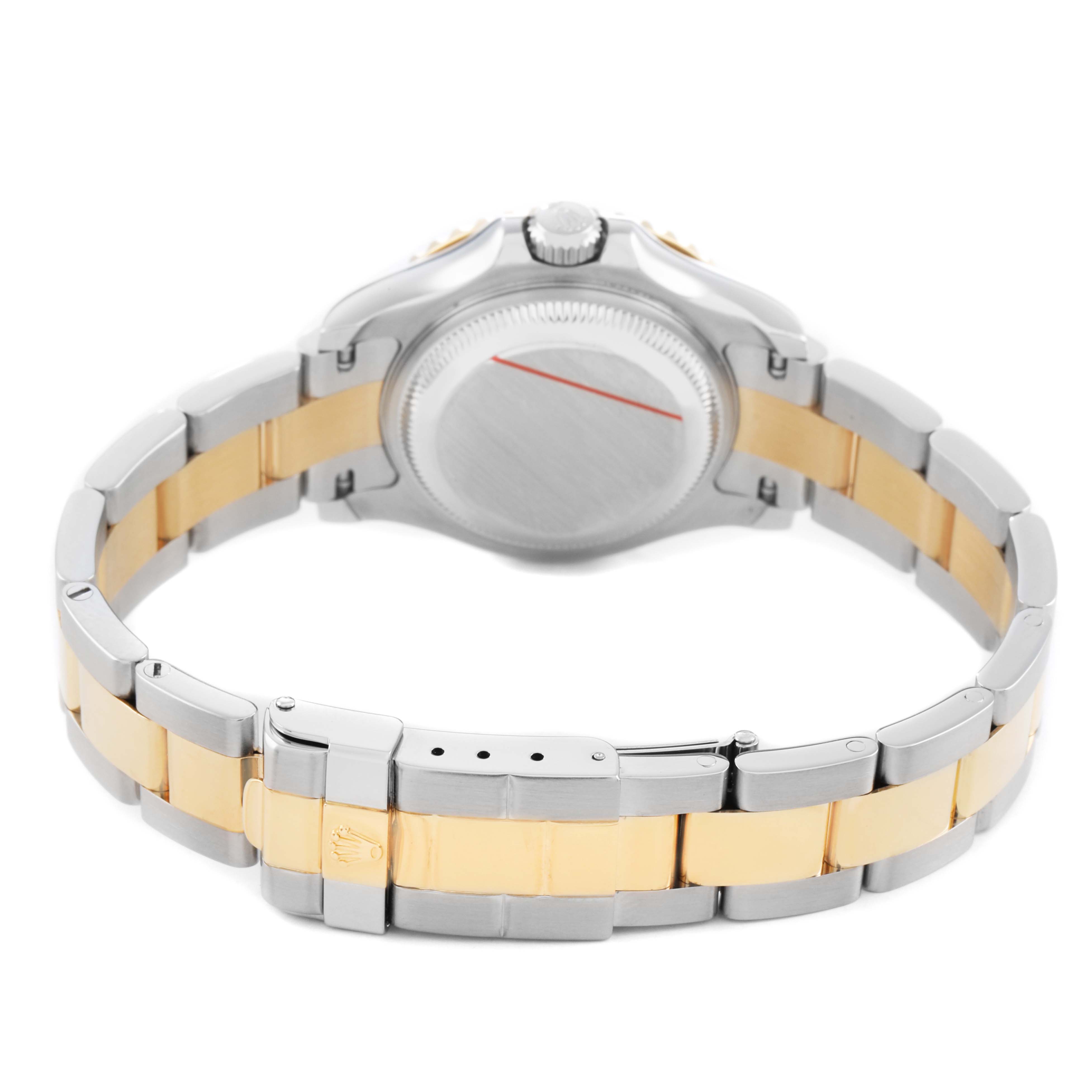 The Rolex Yacht-Master 169623 Women's Steel and Gold (two tone) Blue Dial watch is shown from the back, highlighting the bracelet and case back.