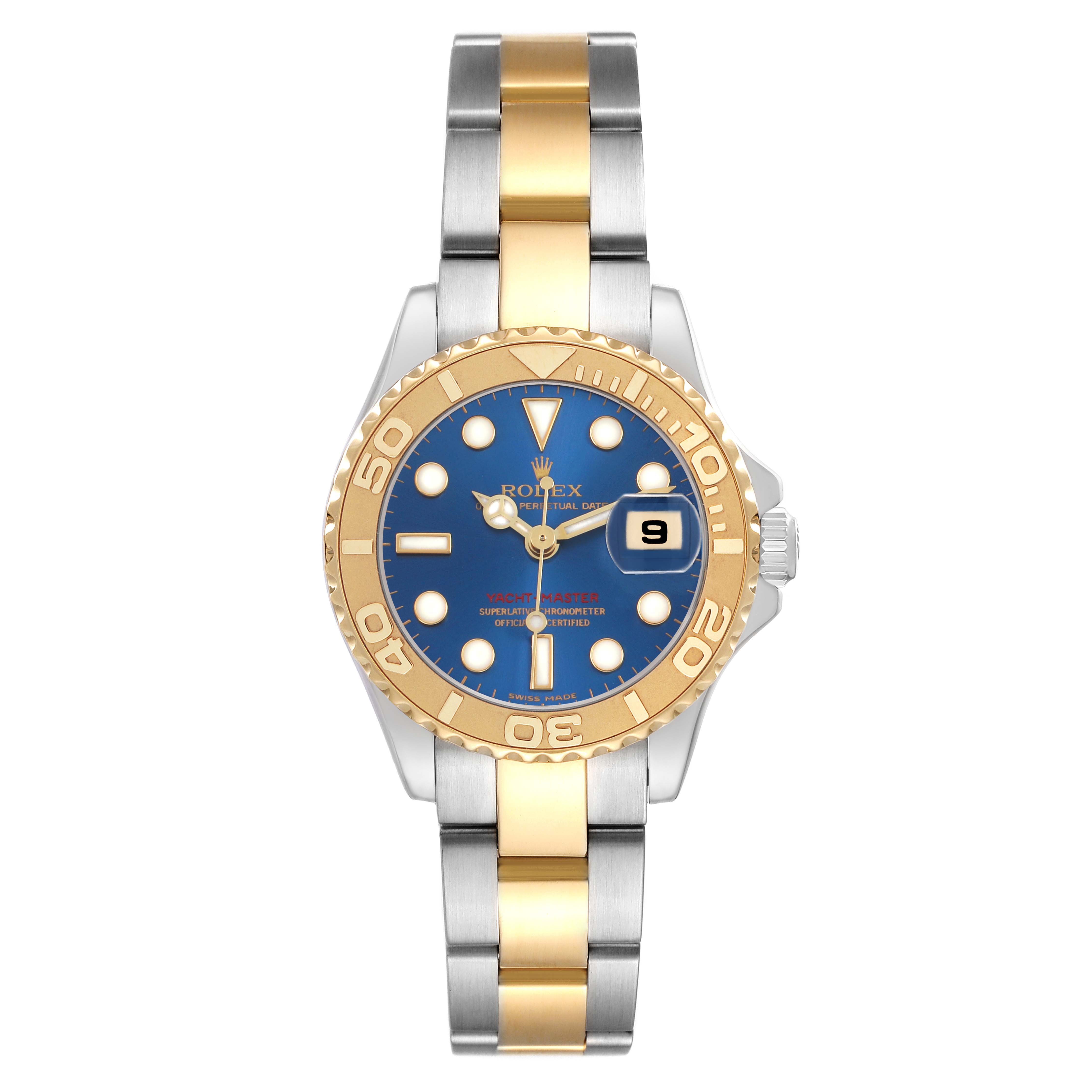 The Rolex Yacht-Master 169623 Women's Steel and Gold (two tone) Blue Dial watch is shown from the front, displaying its blue dial, gold bezel, and two-tone bracelet.