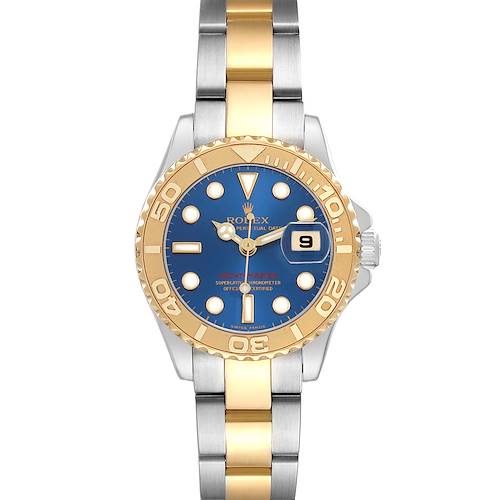 The Rolex Yacht-Master 169623 Women's Steel and Gold (two tone) Blue Dial watch is shown from a top-down view, highlighting the two-tone bracelet, blue dial, and gold bezel.