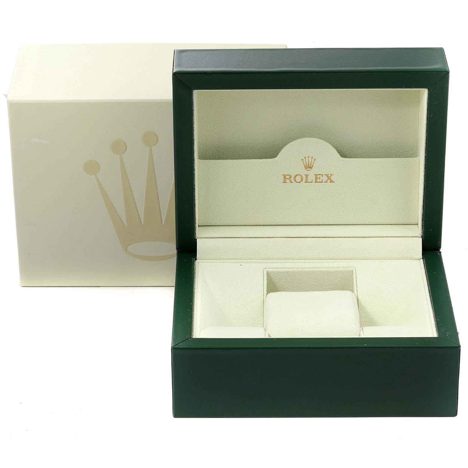 This image shows an open Rolex Yacht-Master 16623 Men's Steel and Gold (two tone) Mother of Pearl Dial 16623 Men's Steel and Gold (two tone) Mother of Pearl Dial watch box with its outer box in the background.