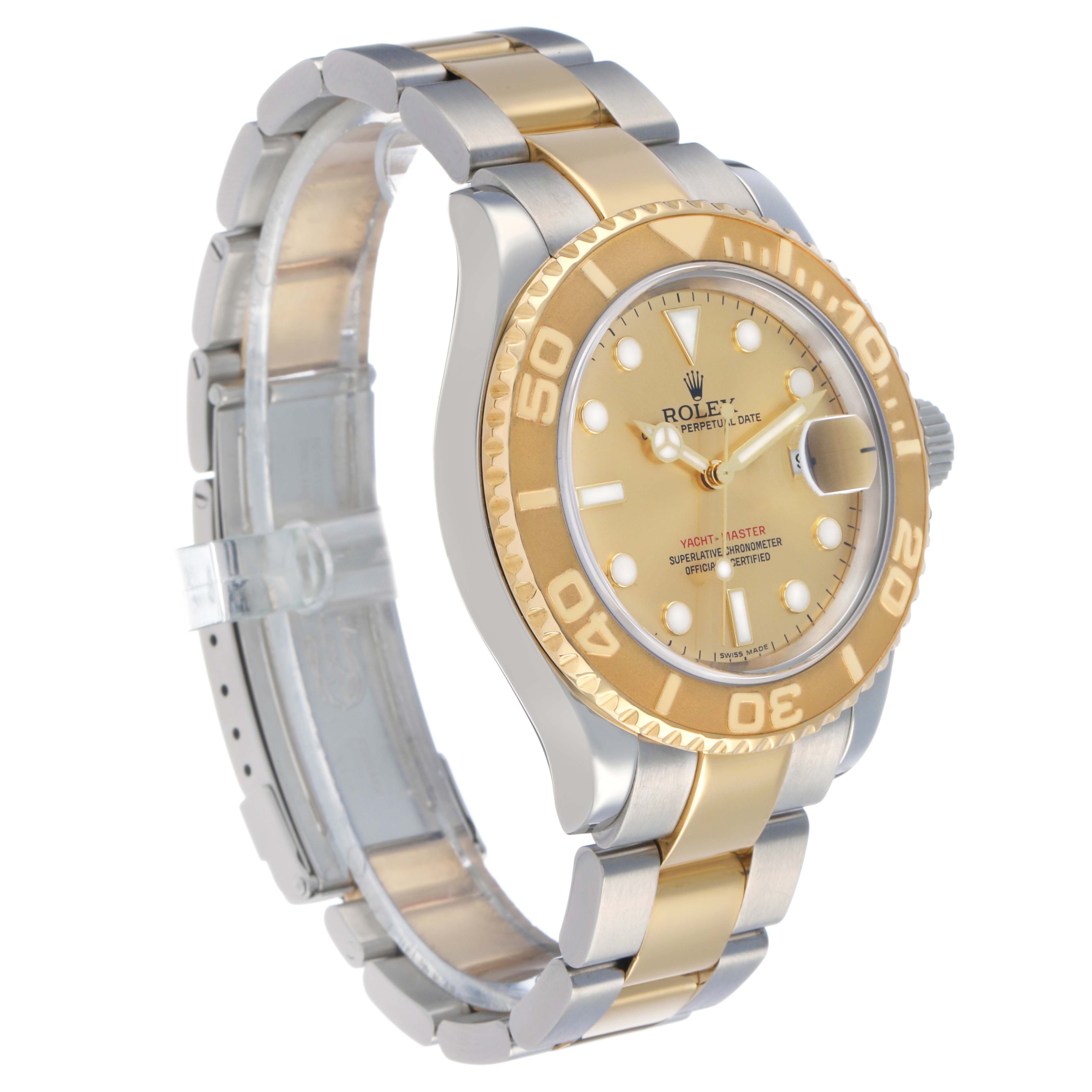 The Rolex Yacht-Master 77099 Men's Steel and Gold (two tone) Champagne Dial watch is shown at a three-quarter angle, displaying the dial, bezel, and bracelet clearly.