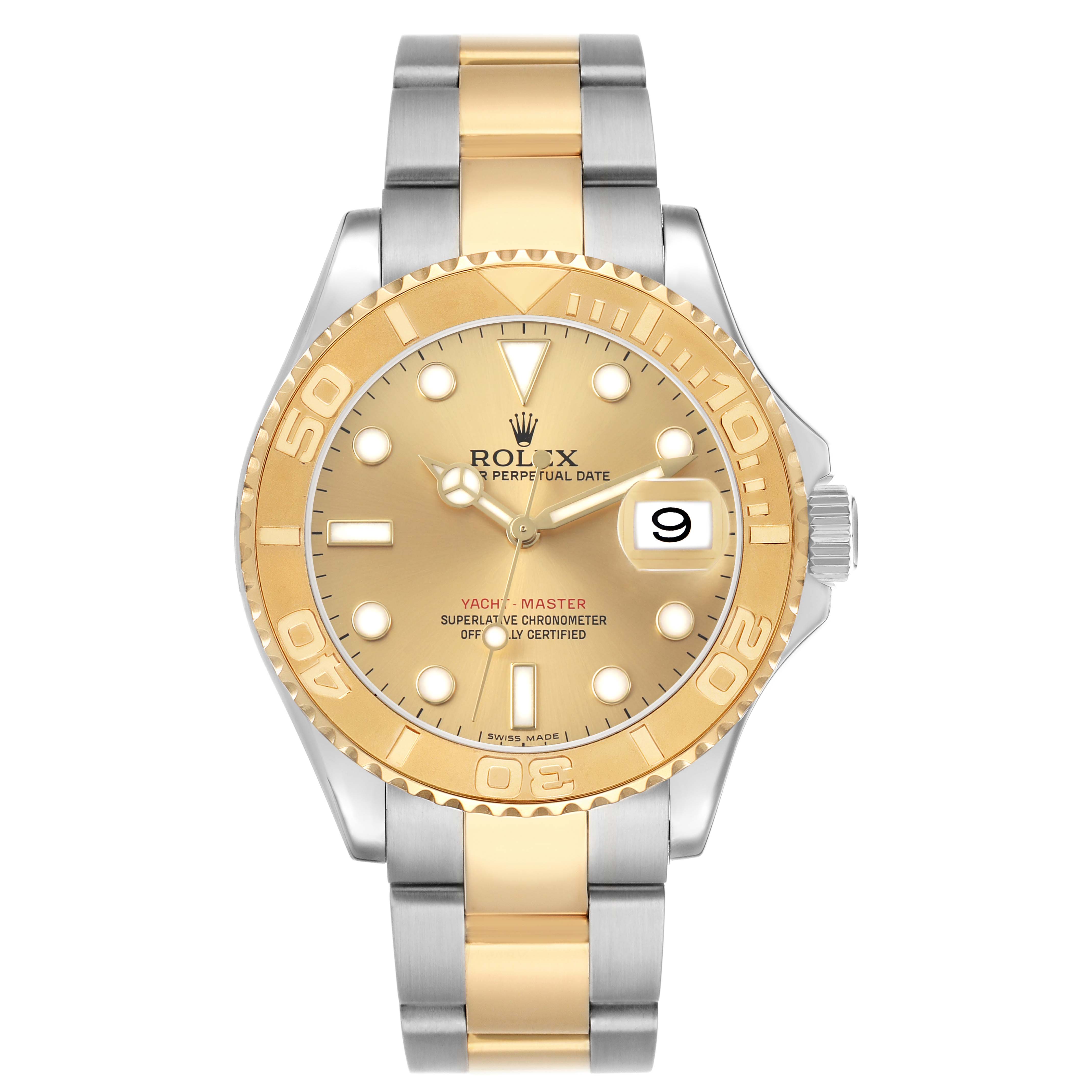 The Rolex Yacht-Master 77099 Men's Steel and Gold (two tone) Champagne Dial watch is shown from a front angle, displaying the dial, bezel, and bracelet.
