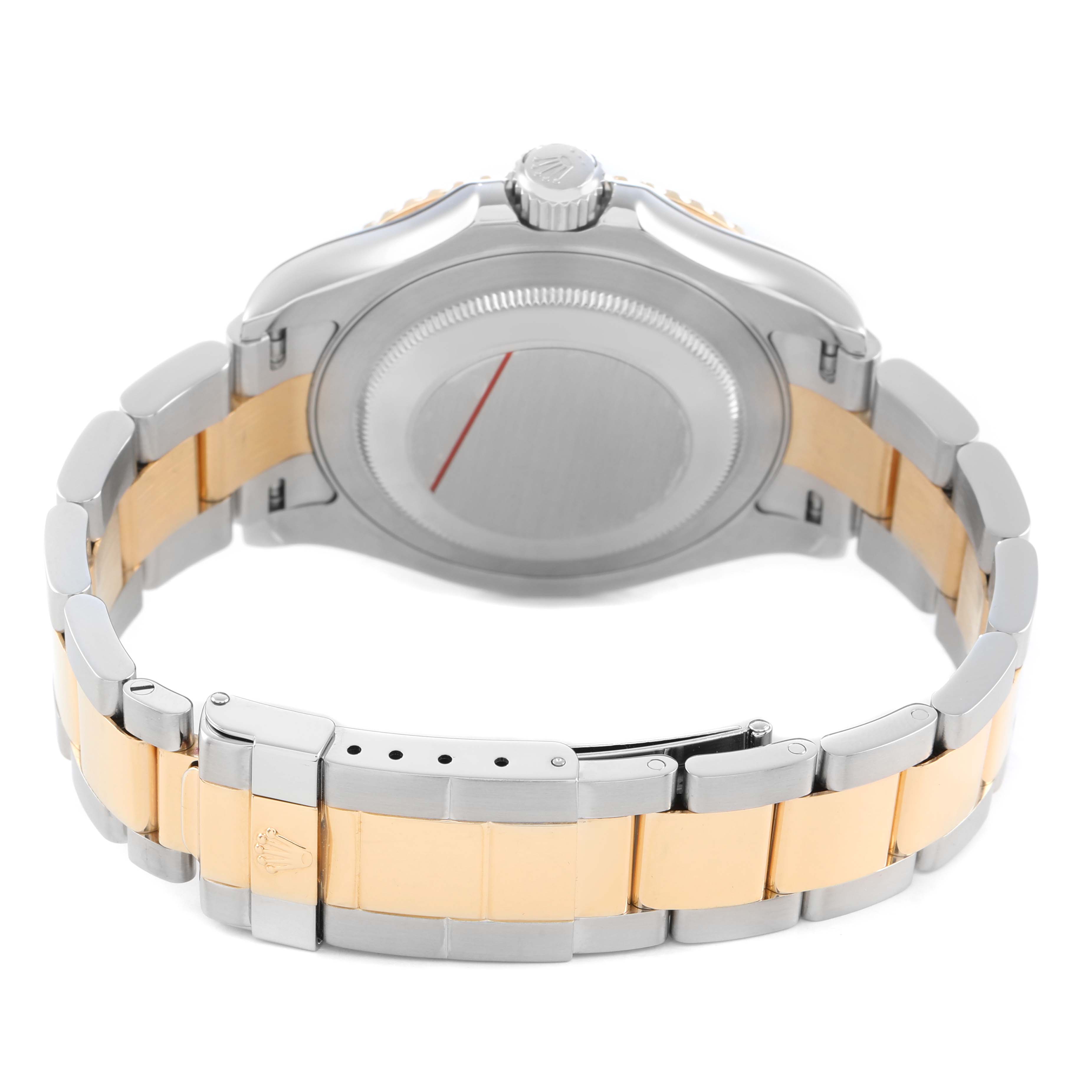 The Rolex Yacht-Master 77099 Men's Steel and Gold (two tone) Champagne Dial is shown from the back, highlighting its caseback, bracelet, and clasp.