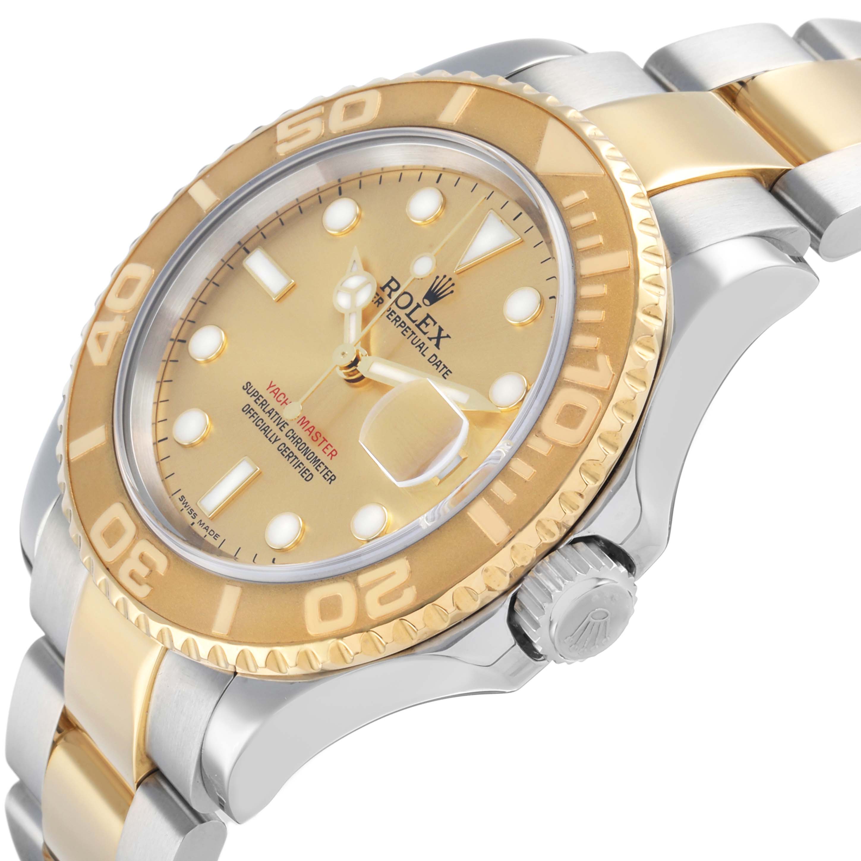 The Rolex Yacht-Master 77099 Men's Steel and Gold (two tone) Champagne Dial watch is shown from an angled side view, highlighting the bezel, crown, and bracelet.