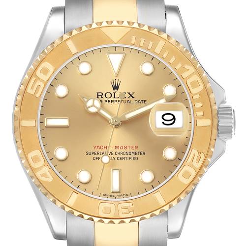 The Rolex Yacht-Master 77099 Men's Steel and Gold (two tone) Champagne Dial watch is shown from the front, featuring its dial, bezel, and part of the bracelet.