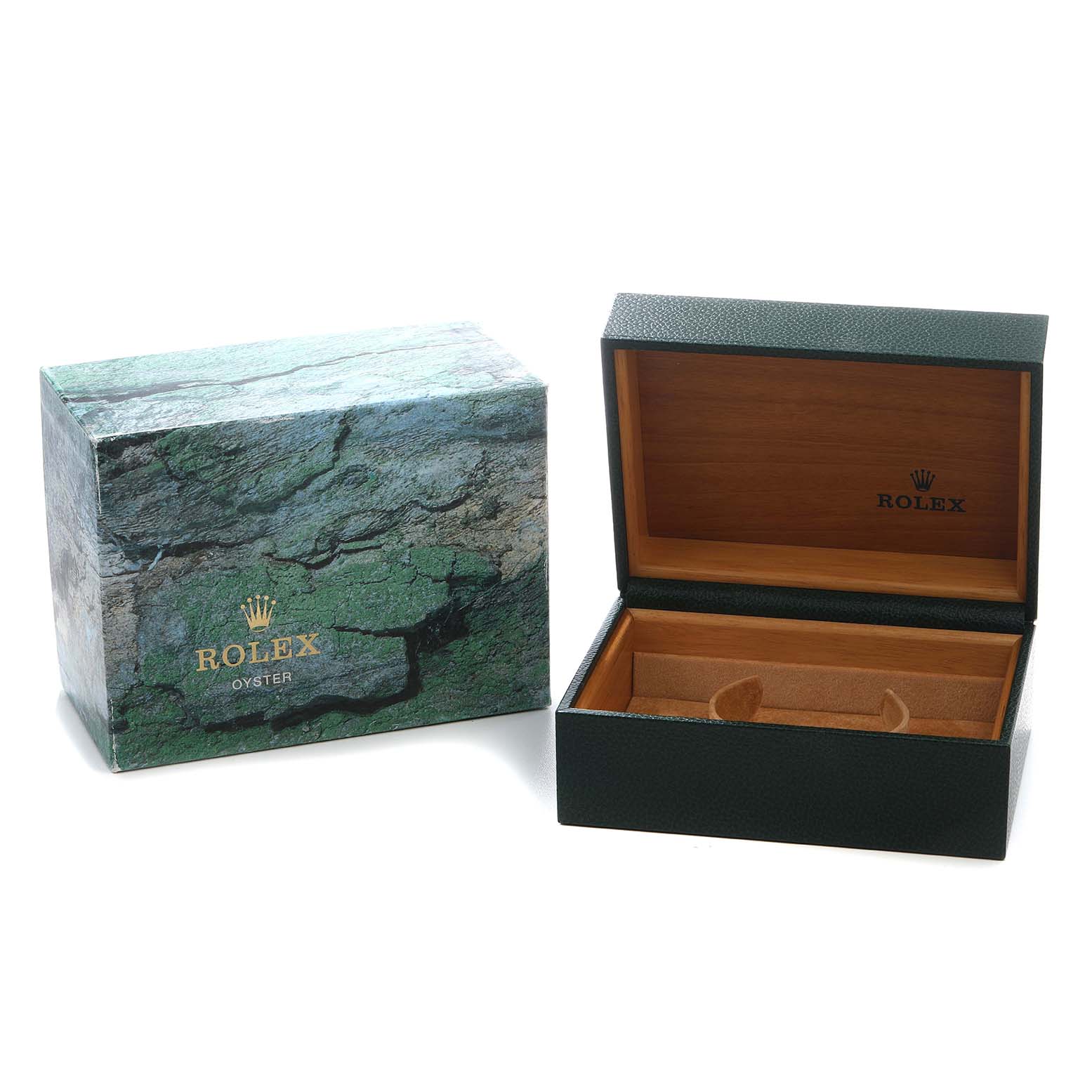 The image shows an open Rolex Yacht-Master 77099 Men's Steel and Gold (two tone) Champagne Dial watch box and its exterior packaging, angled to display the interior and design details.