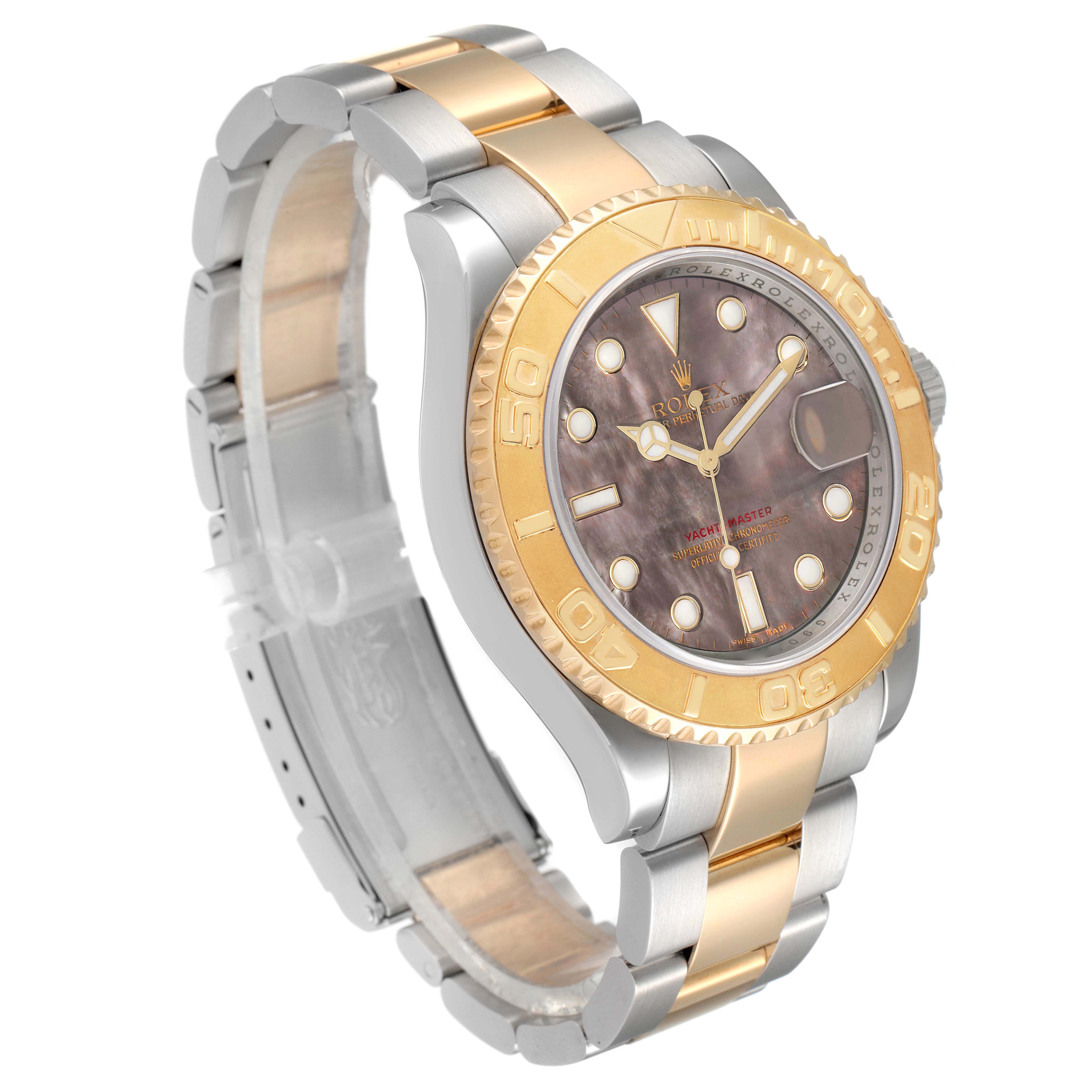 The Rolex Yacht-Master model 16623 is shown at a front angle, highlighting the two-tone bezel, dial, case, bracelet, and the clasp.
