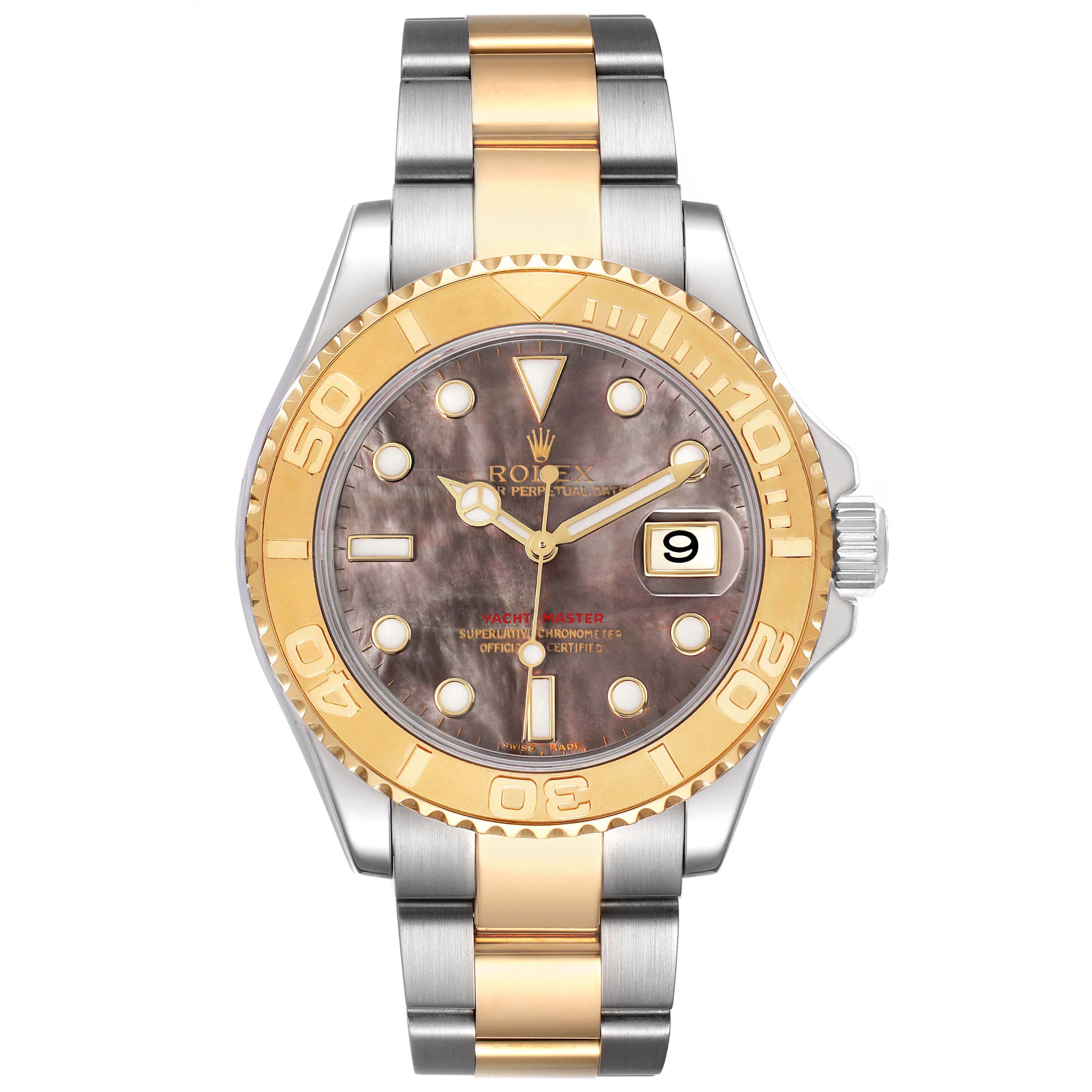 The image shows a front view of the Rolex Yacht-Master model 16623 men's watch, highlighting its bezel, dial, and two-tone bracelet.