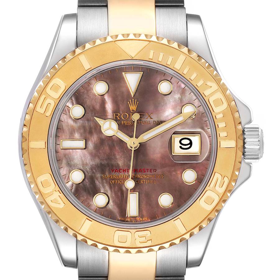 This image shows a close-up of the face and bezel of a Rolex Yacht-Master watch.