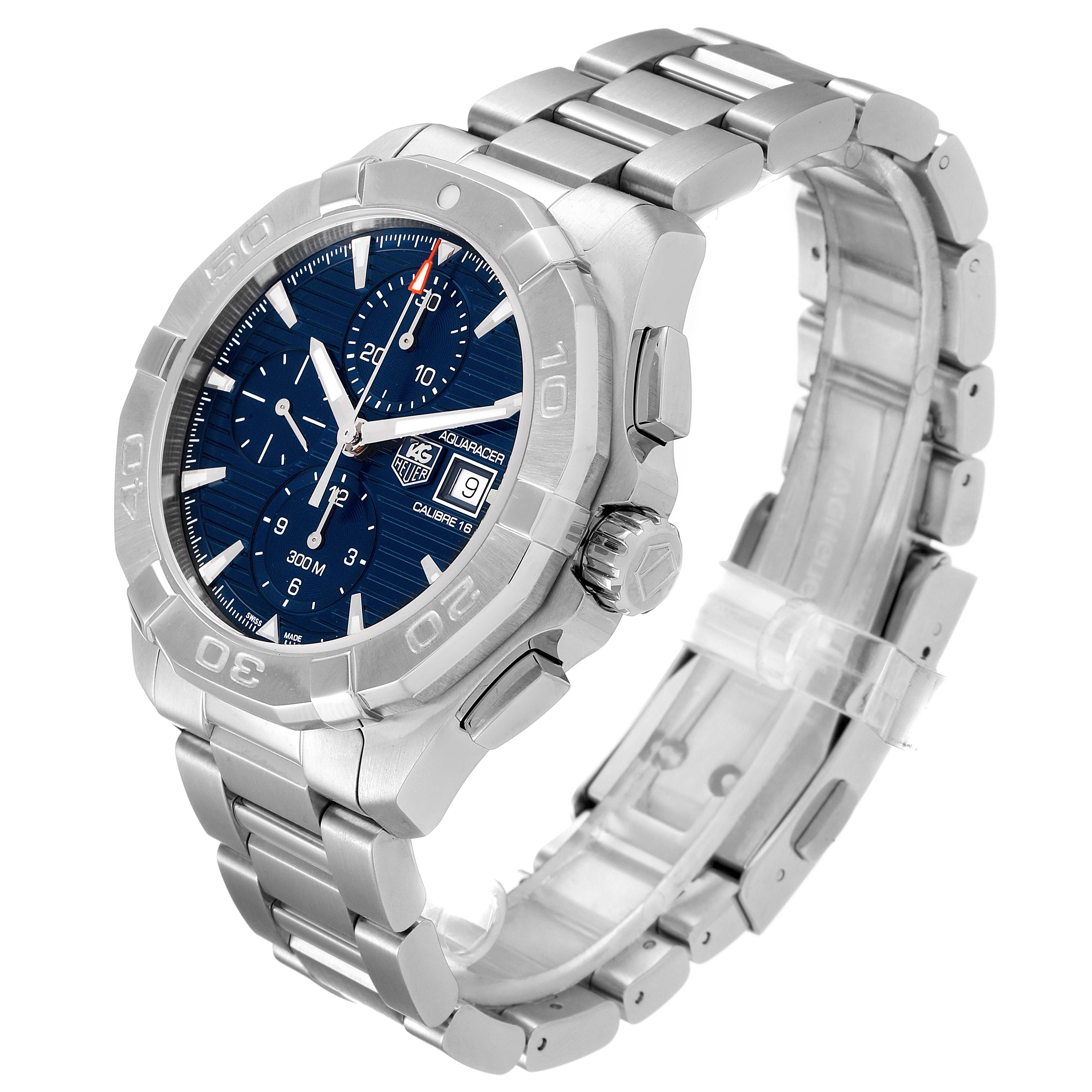 The Tag Heuer Aquaracer CAY2112.BA0927 Men
s Stainless Steel Blue Dial CAY2112.BA0927 Men
s Stainless Steel Blue Dial model watch is shown at a three-quarter angle, displaying the watch face, bezel, crown, and metal bracelet.