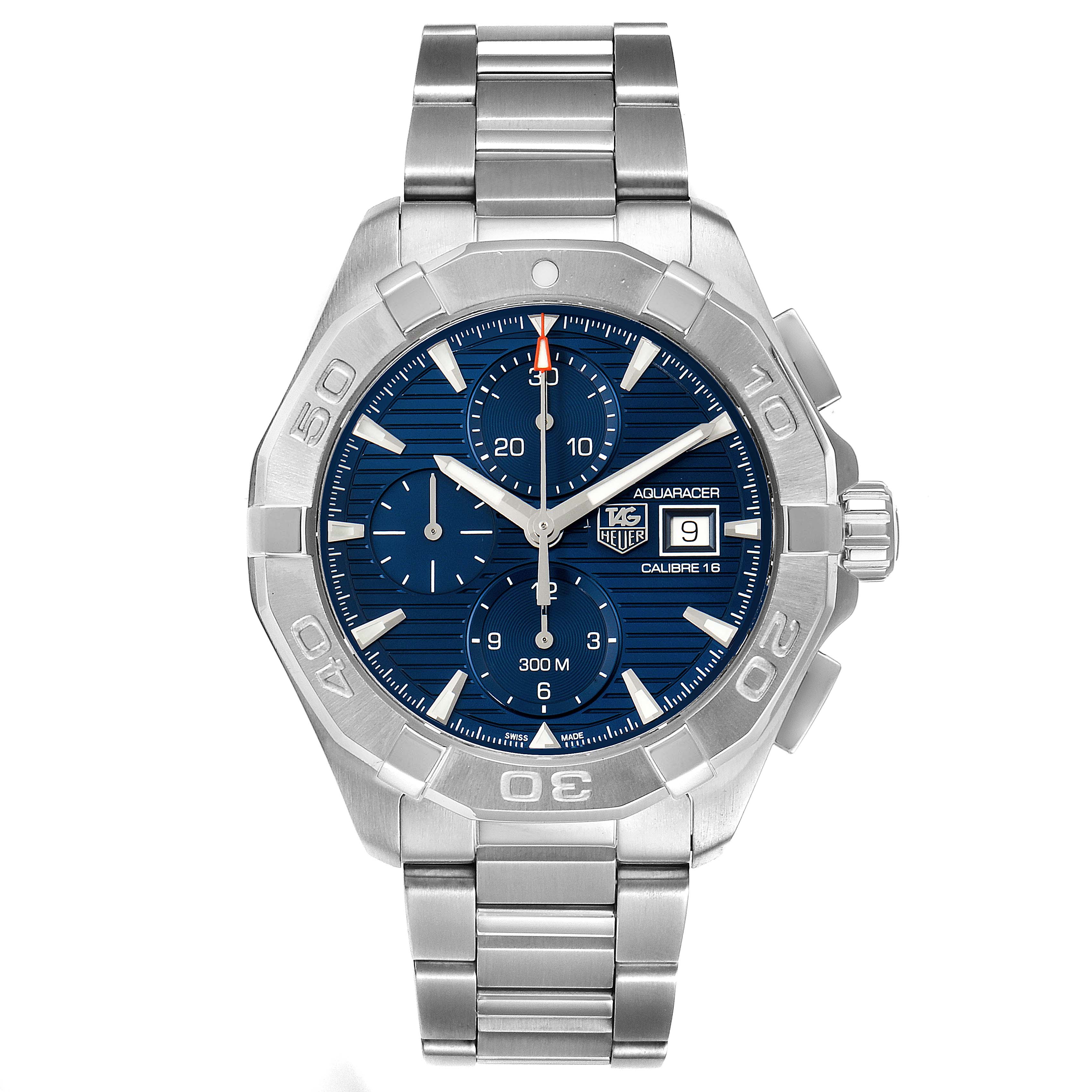 The image shows a Tag Heuer Aquaracer CAY2112.BA0927 Men
s Stainless Steel Blue Dial CAY2112.BA0927 Men
s Stainless Steel Blue Dial watch from the front, highlighting its blue dial, chronograph subdials, and metal bracelet.