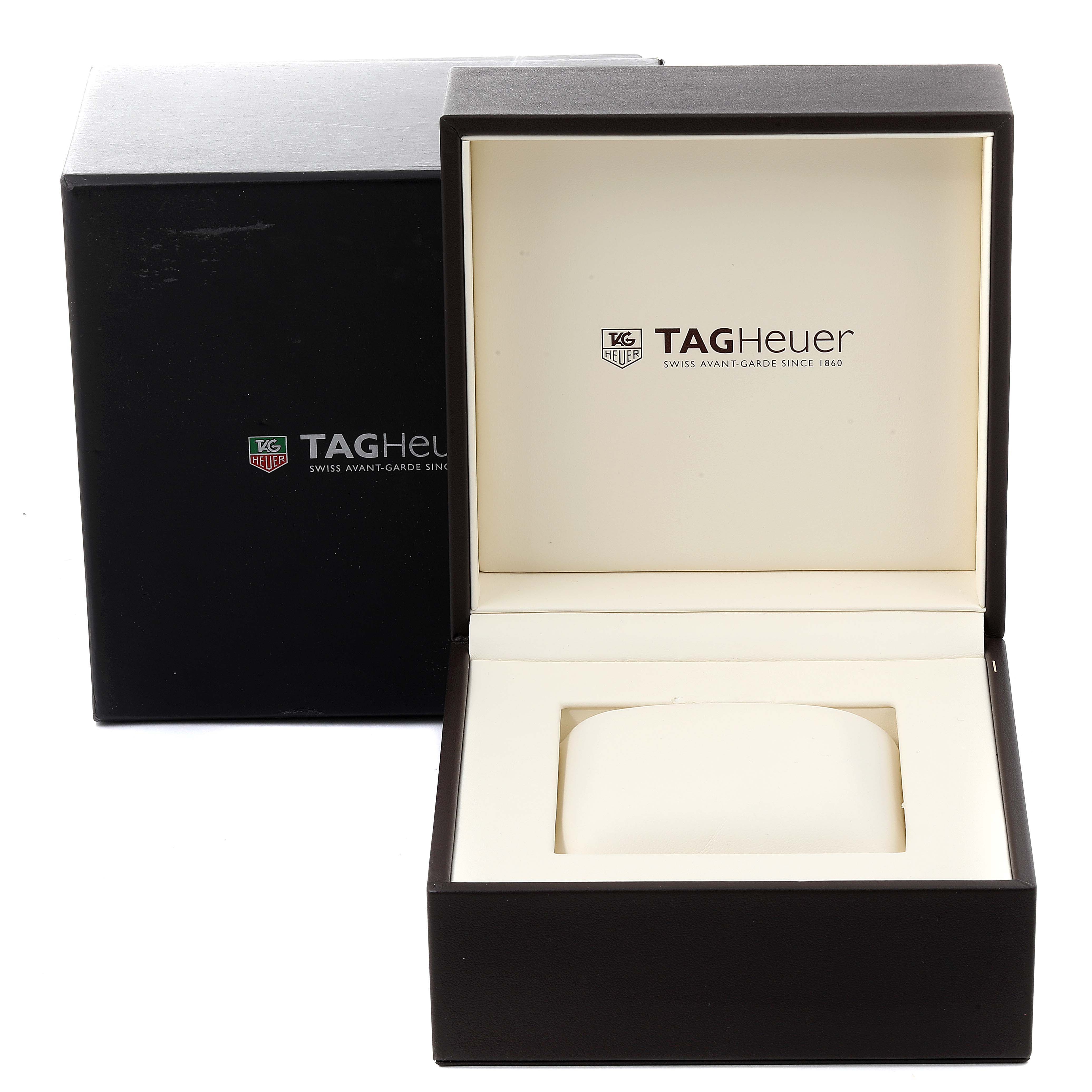 This image shows the Tag Heuer Aquaracer CAY2112.BA0927 Men
s Stainless Steel Blue Dial CAY2112.BA0927 Men
s Stainless Steel Blue Dial watch box and its open interior with a cushion.