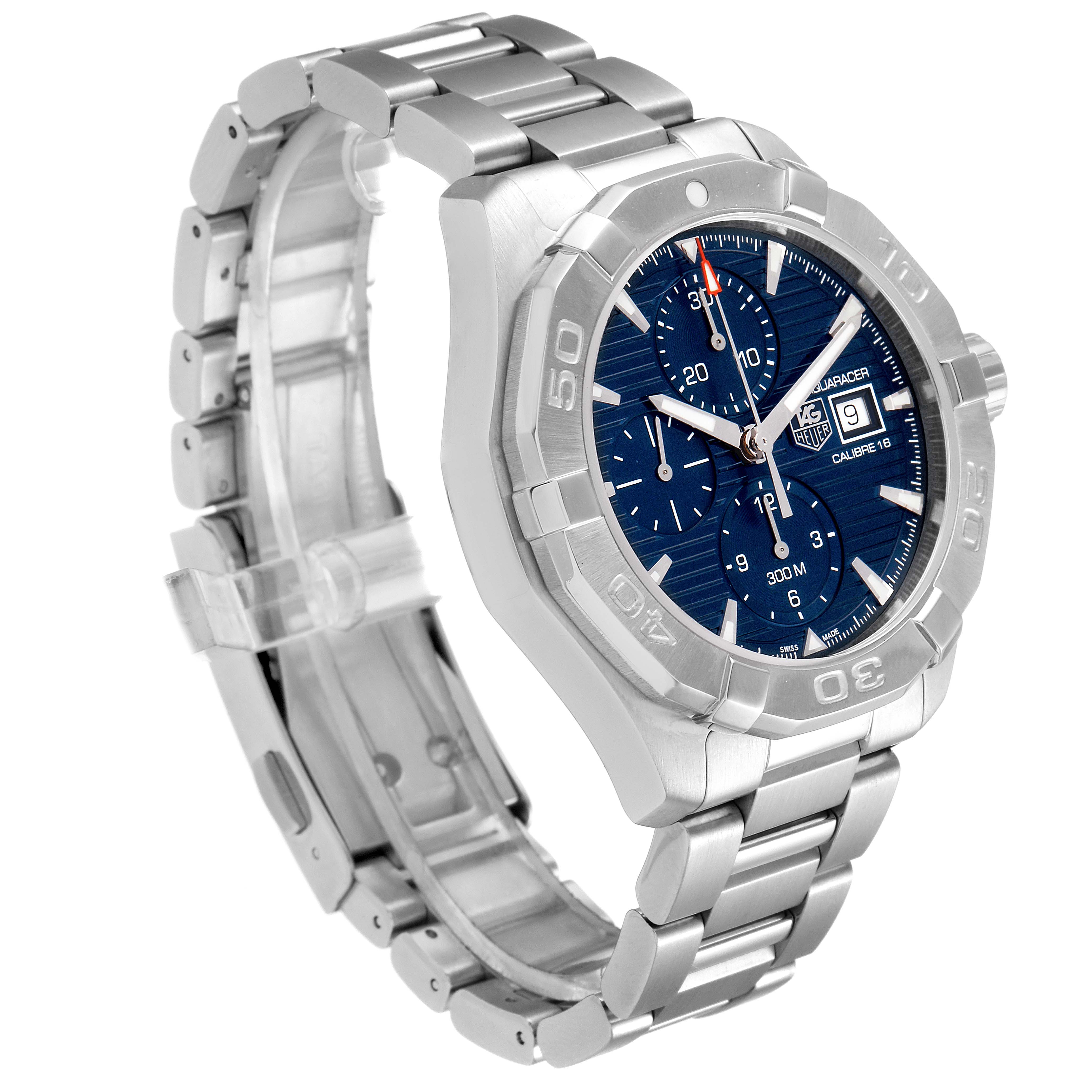 This image shows a side view of the Tag Heuer Aquaracer CAY2112.BA0927 Men
s Stainless Steel Blue Dial CAY2112.BA0927 Men
s Stainless Steel Blue Dial watch highlighting the bezel, bracelet, and part of the dial with its subdials.