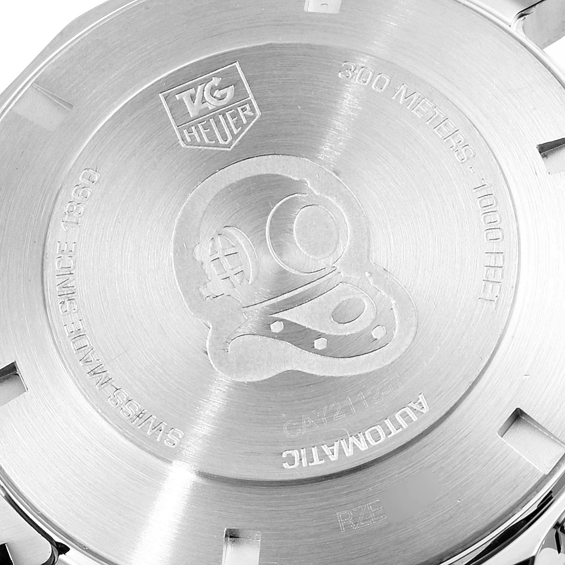 The image shows the back case of a Tag Heuer Aquaracer CAY2112.BA0927 Men
s Stainless Steel Blue Dial CAY2112.BA0927 Men
s Stainless Steel Blue Dial watch, featuring branding and depth rating engravings.