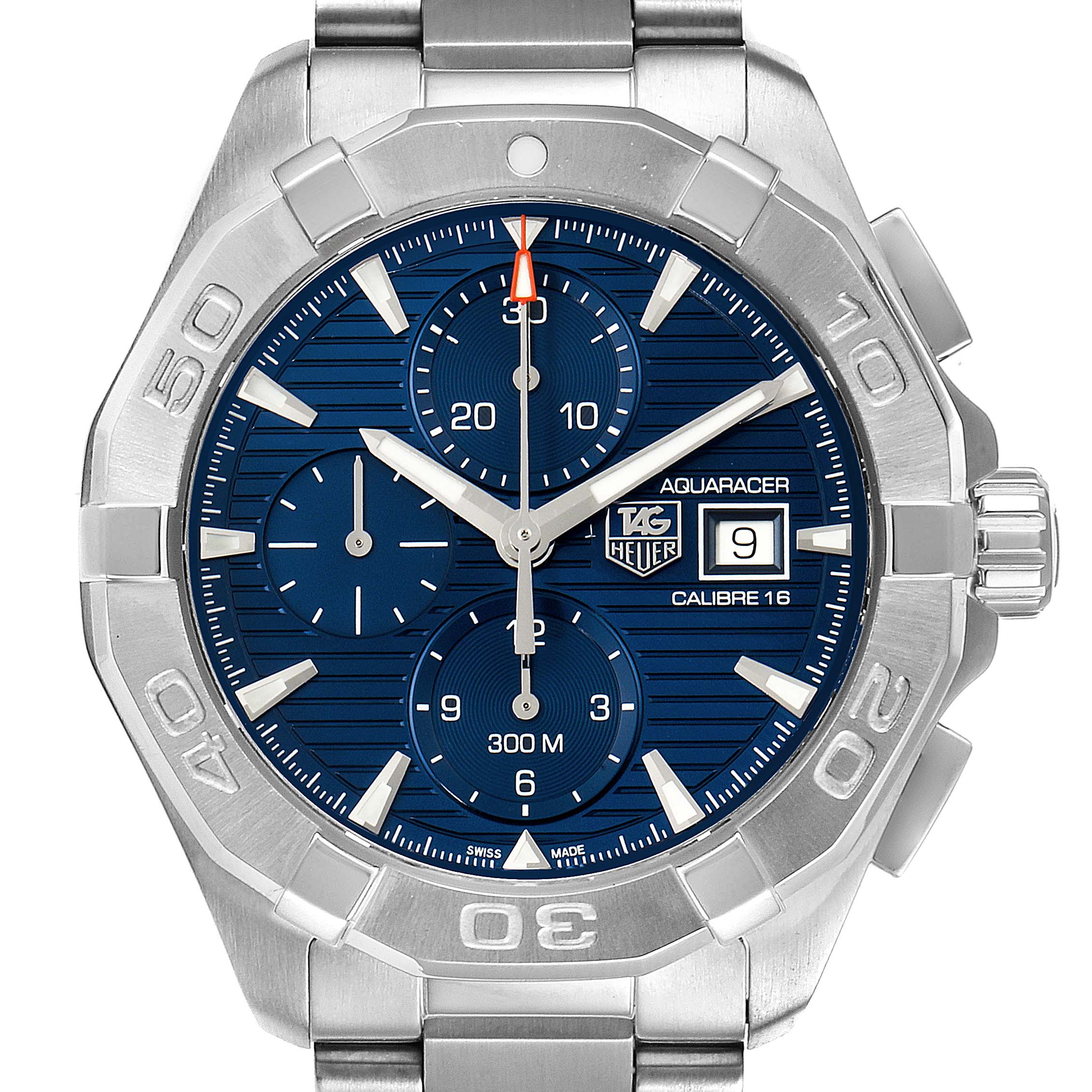 The Tag Heuer Aquaracer CAY2112.BA0927 Men
s Stainless Steel Blue Dial CAY2112.BA0927 Men
s Stainless Steel Blue Dial watch is shown from the front, displaying its face, bezel, and part of the bracelet.
