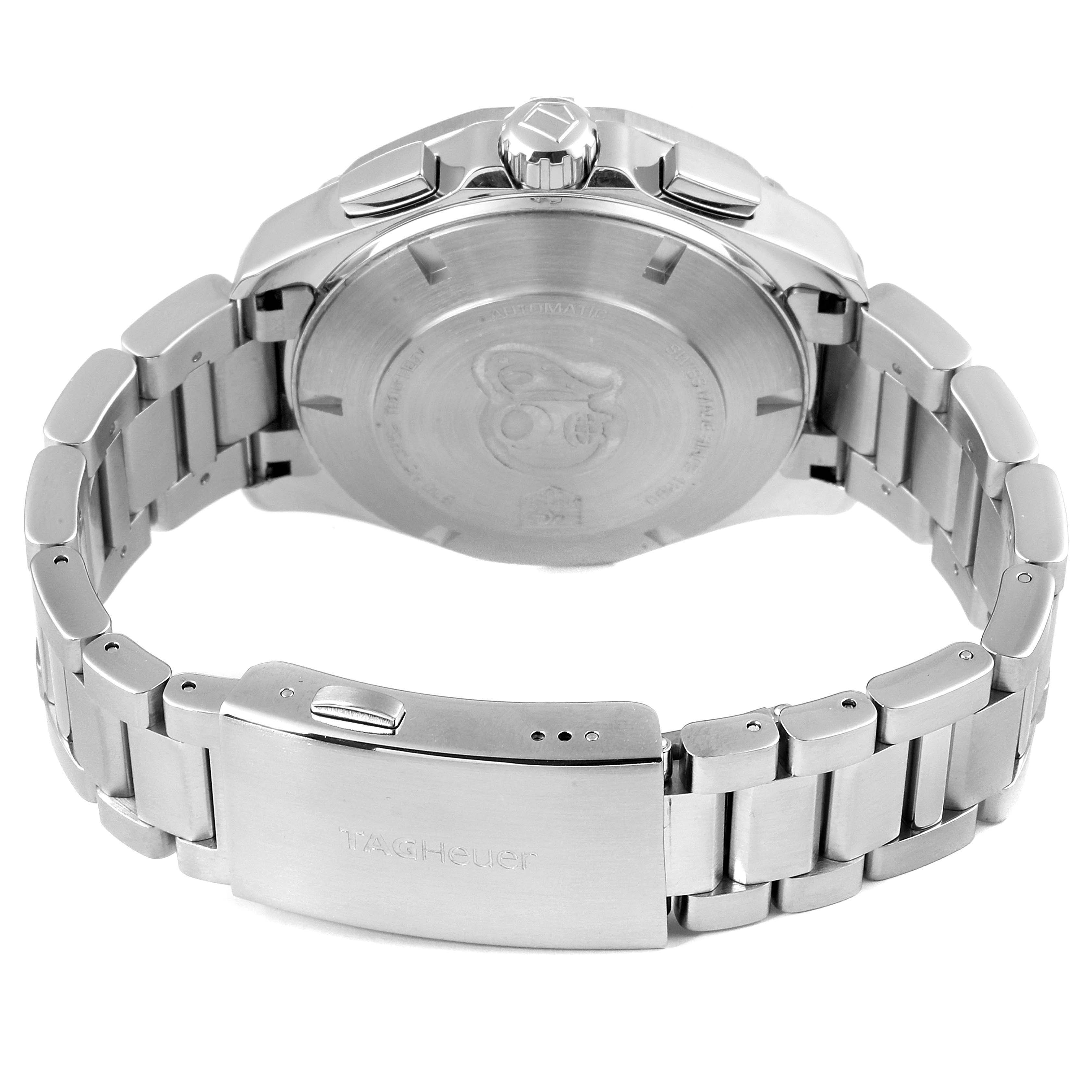 This image shows the back case, crown, and bracelet of a Tag Heuer Aquaracer CAY2112.BA0927 Men
s Stainless Steel Blue Dial CAY2112.BA0927 Men
s Stainless Steel Blue Dial watch from a rear angle.