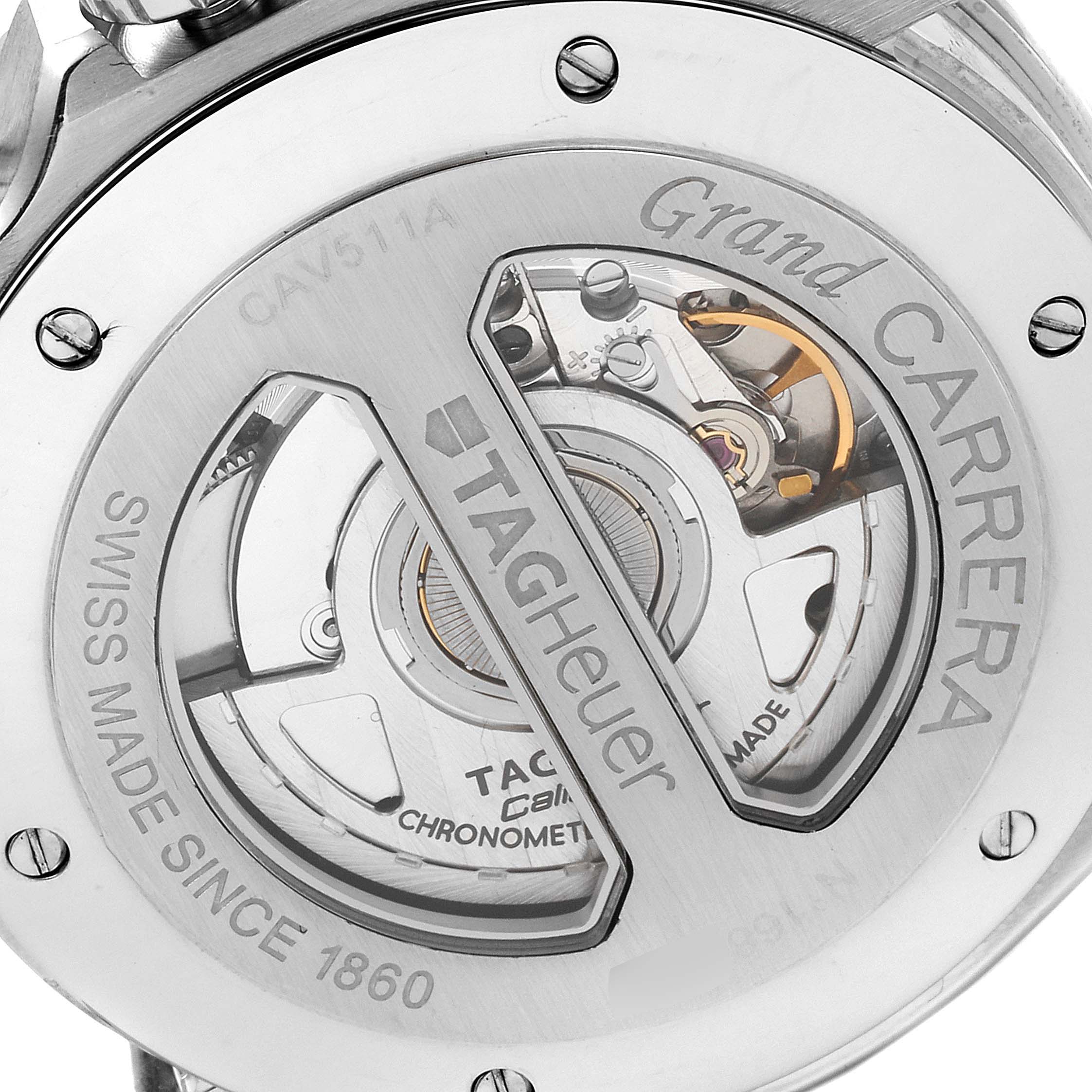 The image shows the back view of a Tag Heuer Carrera CAV511A.FC6225 Men's Stainless Steel Black Dial CAV511A.FC6225 Men's Stainless Steel Black Dial watch, highlighting the inner mechanics and branding.