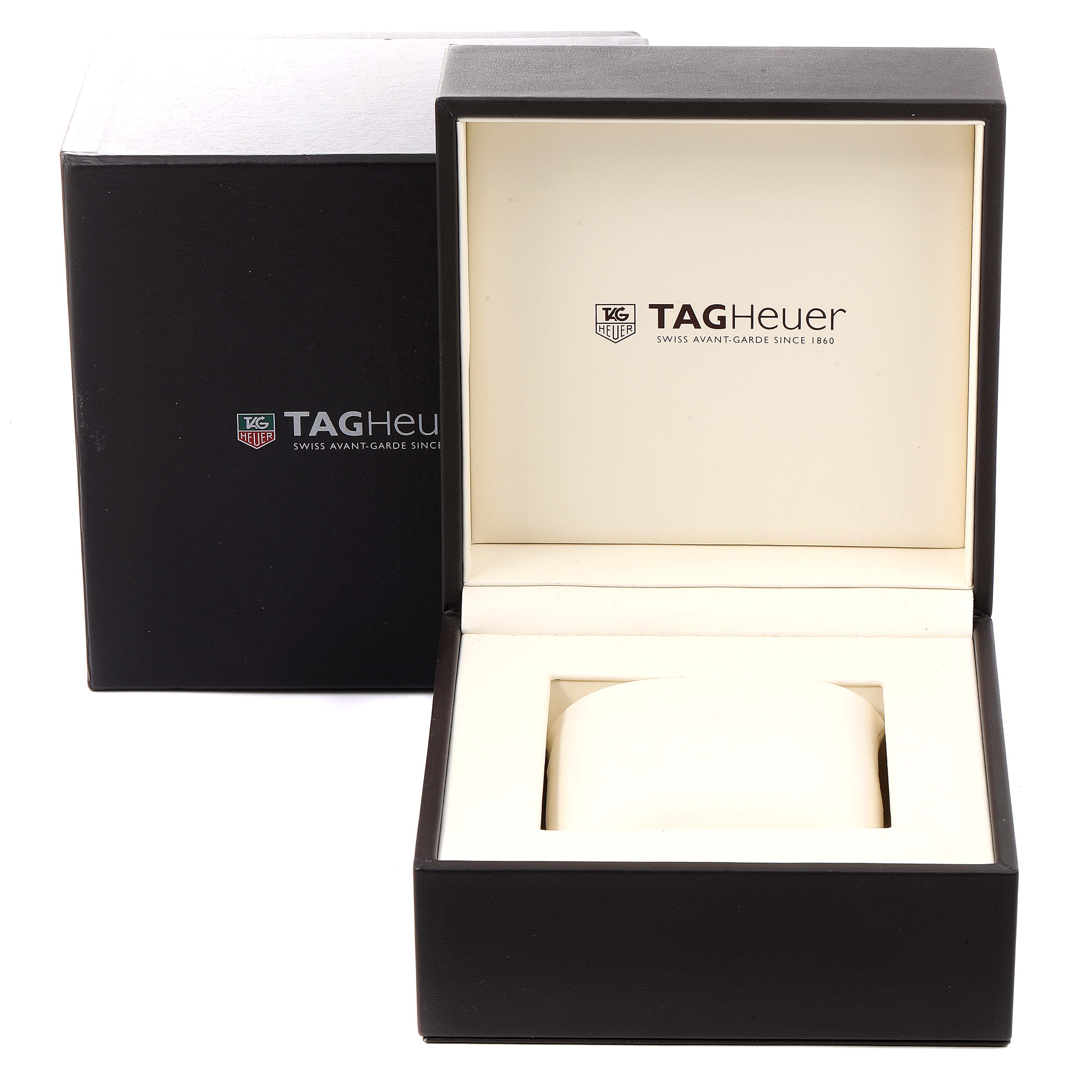 The image shows an open Tag Heuer Carrera CAV511A.FC6225 Men's Stainless Steel Black Dial CAV511A.FC6225 Men's Stainless Steel Black Dial watch box and an additional closed outer box, both branded with the Tag Heuer logo.