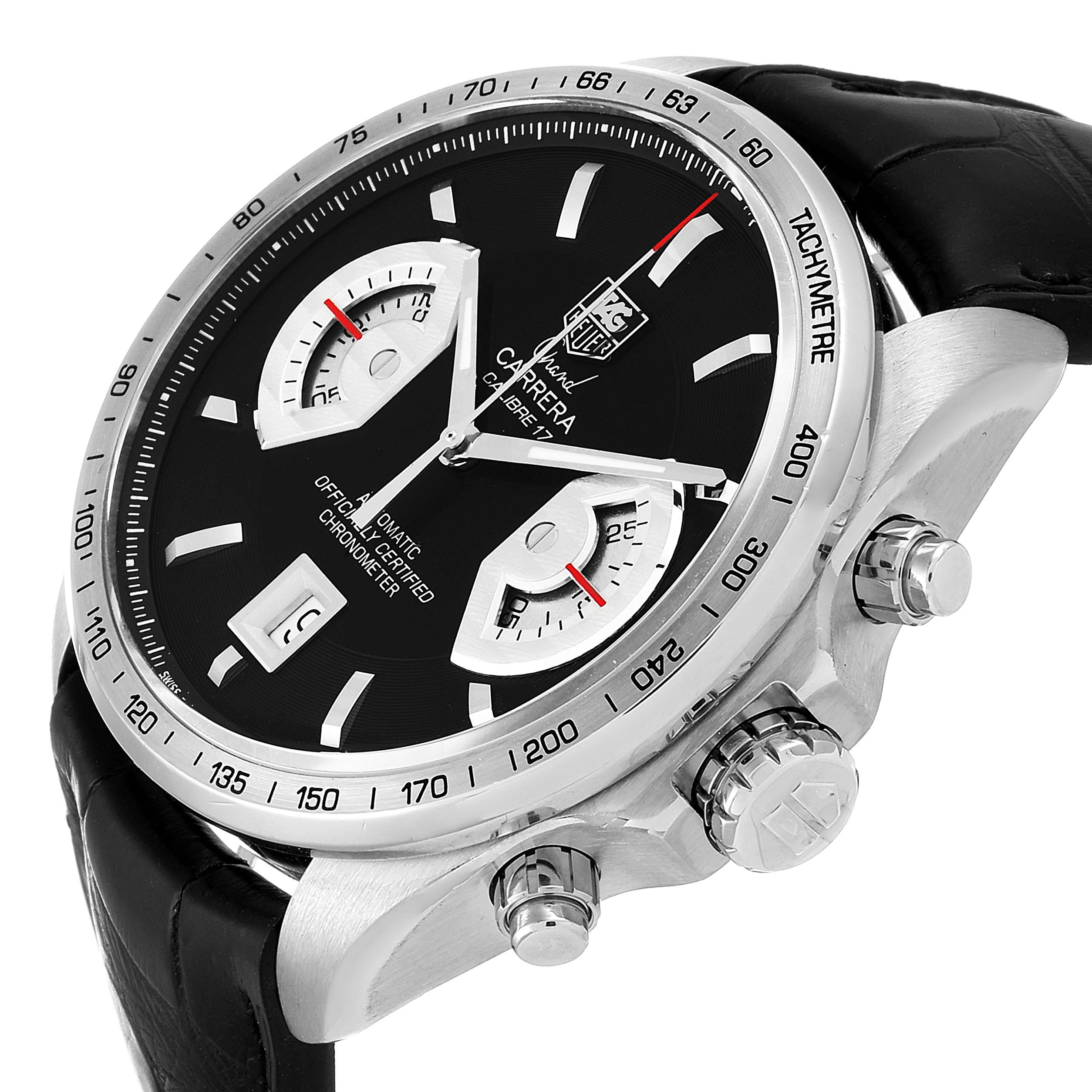 This image shows a Tag Heuer Carrera CAV511A.FC6225 Men's Stainless Steel Black Dial CAV511A.FC6225 Men's Stainless Steel Black Dial watch at a 3/4 angle, featuring the crown, pushers, tachymeter bezel, and subdials.