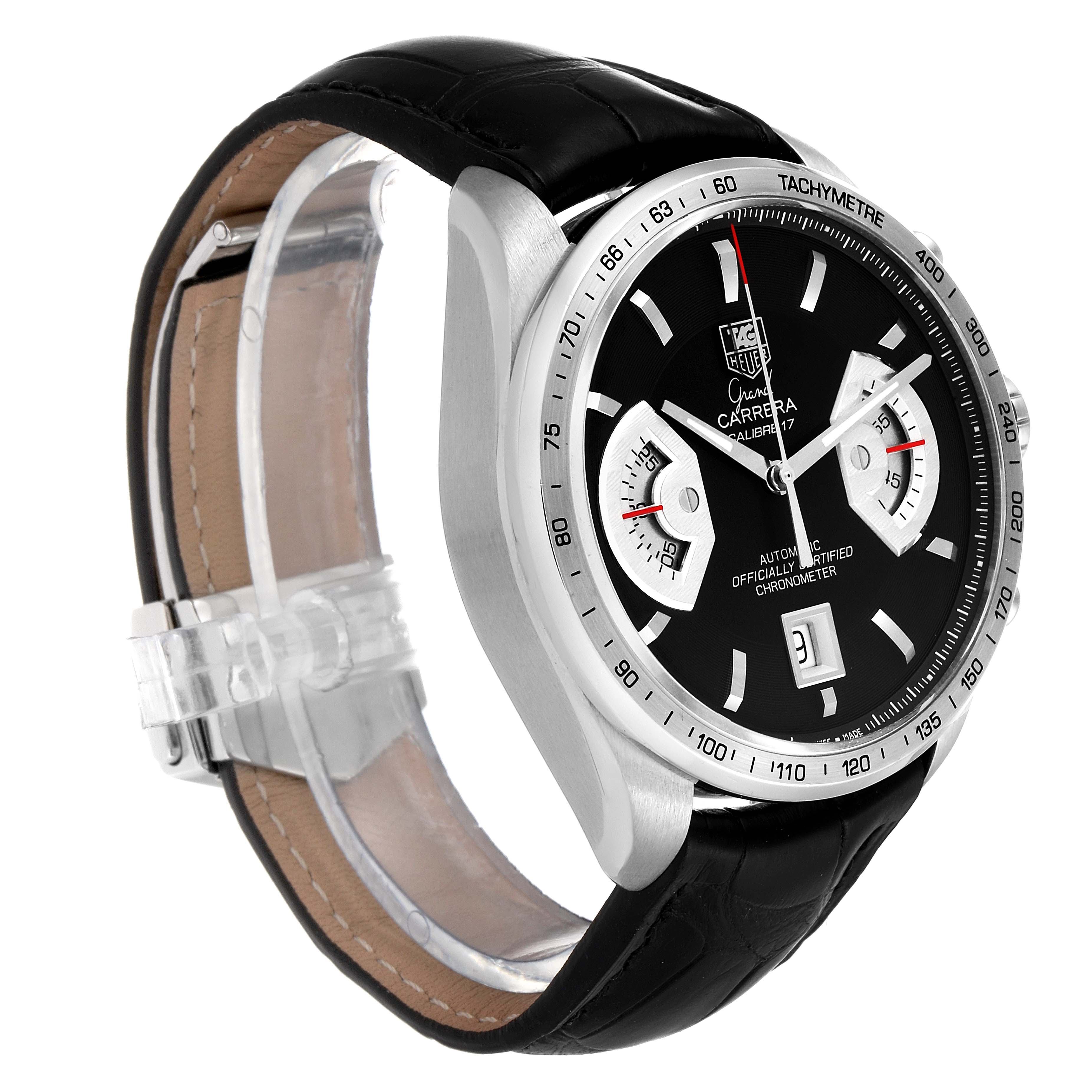 The Tag Heuer Carrera CAV511A.FC6225 Men's Stainless Steel Black Dial CAV511A.FC6225 Men's Stainless Steel Black Dial watch is shown at an angle highlighting its black dial, sub-dials, tachymeter bezel, and leather strap.