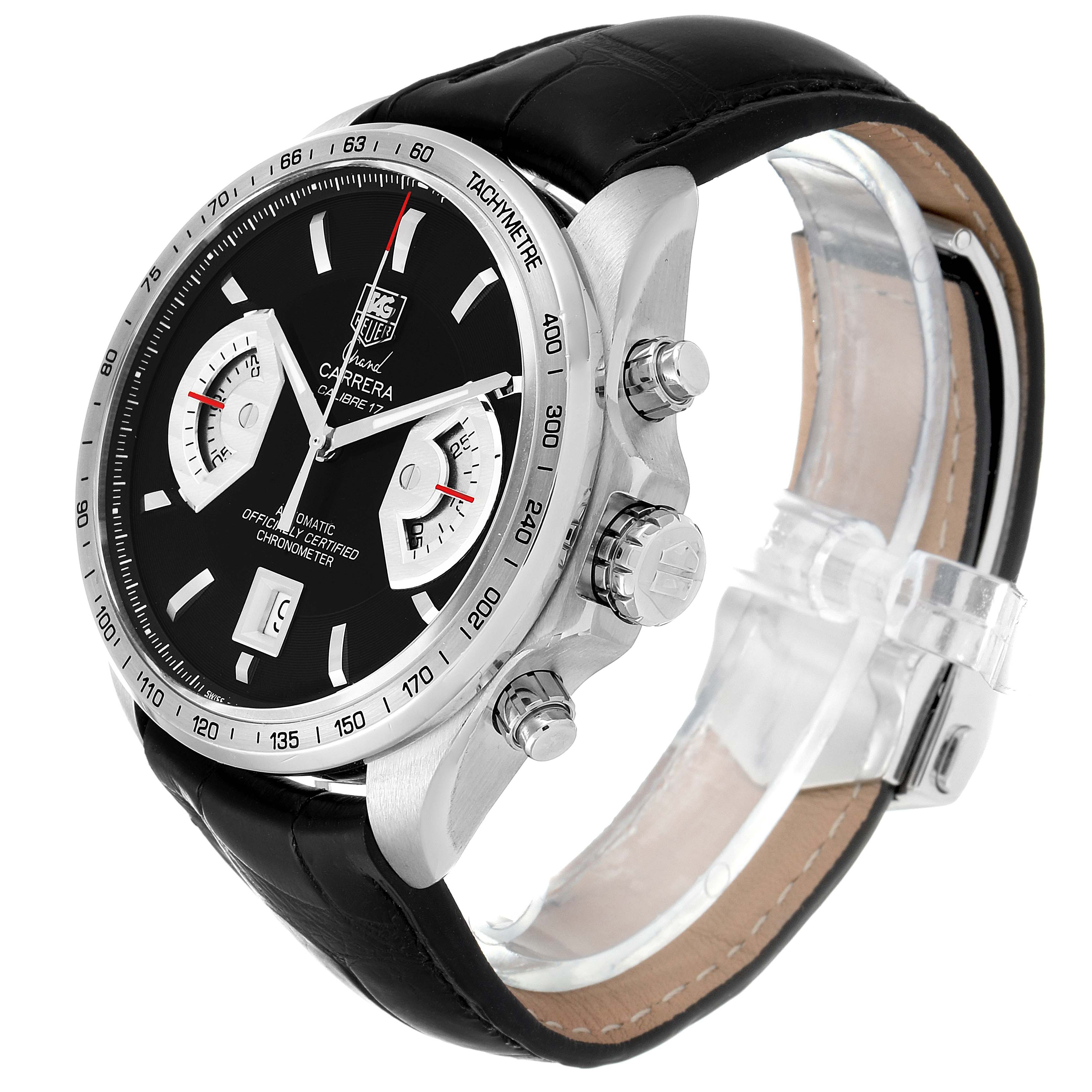 The image shows a Tag Heuer Carrera CAV511A.FC6225 Men's Stainless Steel Black Dial CAV511A.FC6225 Men's Stainless Steel Black Dial watch at a three-quarter angle, highlighting the dial, bezel, crown, pushers, and leather strap.