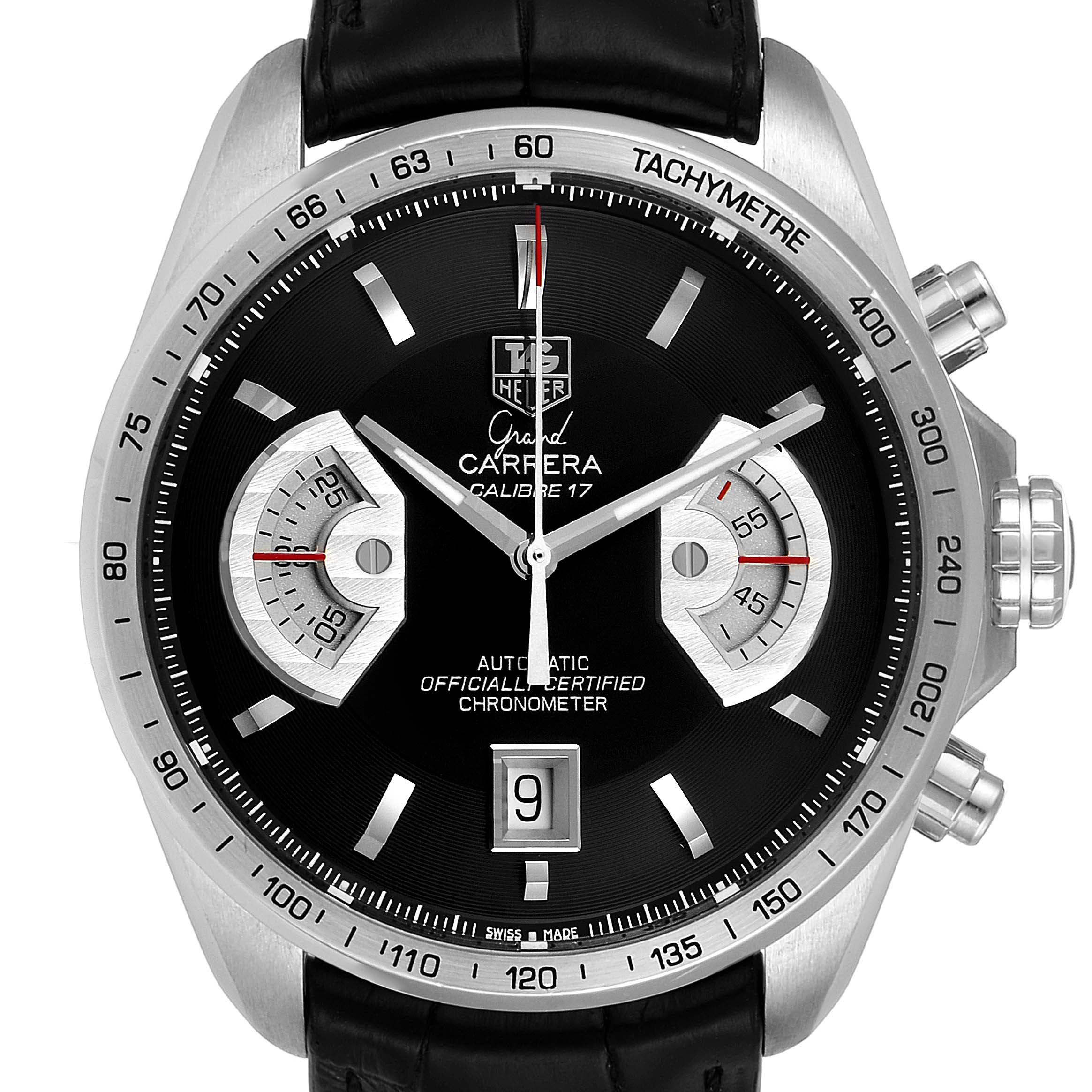 The image shows a close-up front view of the Tag Heuer Carrera CAV511A.FC6225 Men's Stainless Steel Black Dial CAV511A.FC6225 Men's Stainless Steel Black Dial Calibre 17 watch face and crown.