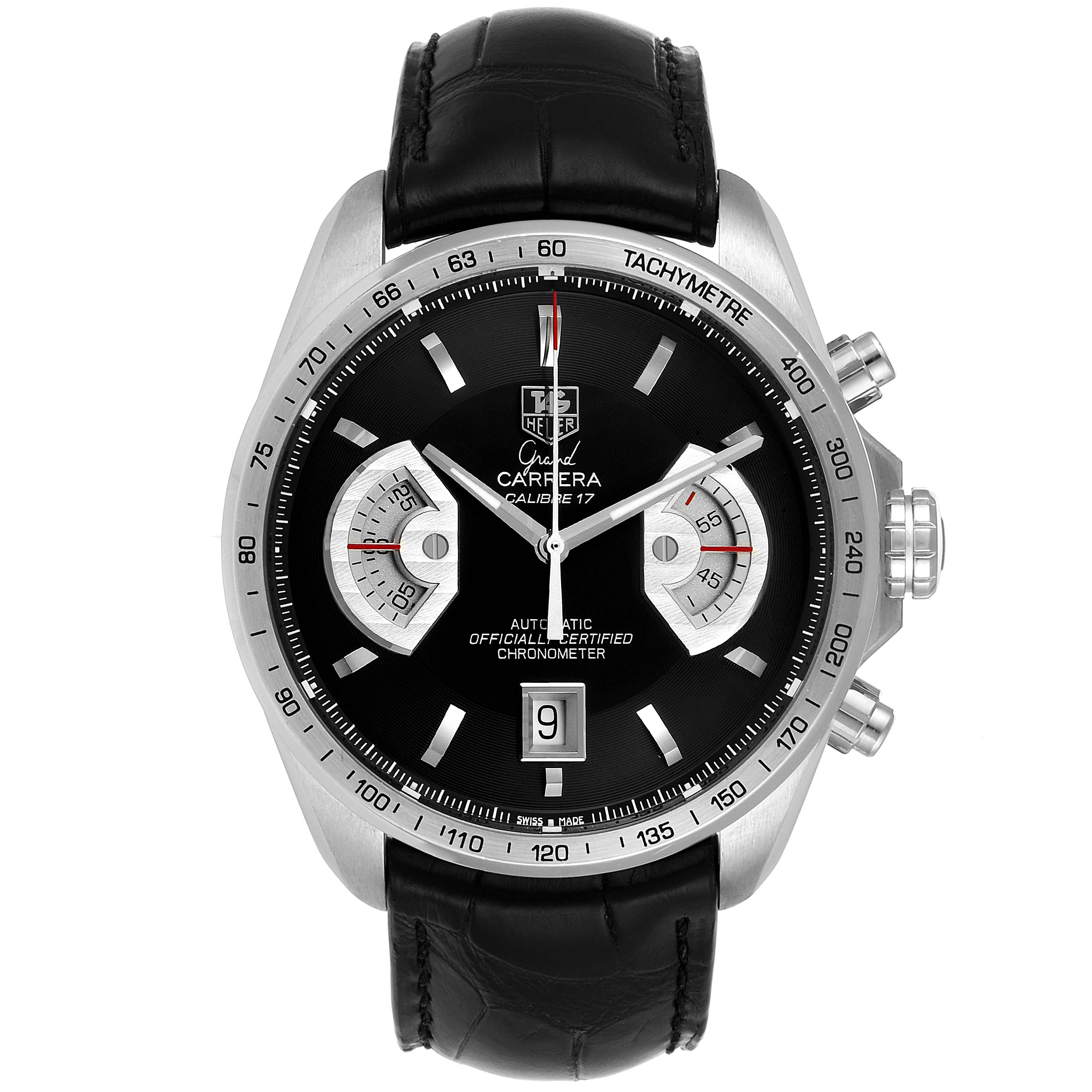 The image shows a front view of the face and dial of the Tag Heuer Carrera CAV511A.FC6225 Men's Stainless Steel Black Dial CAV511A.FC6225 Men's Stainless Steel Black Dial watch, including its tachymeter and leather strap. 