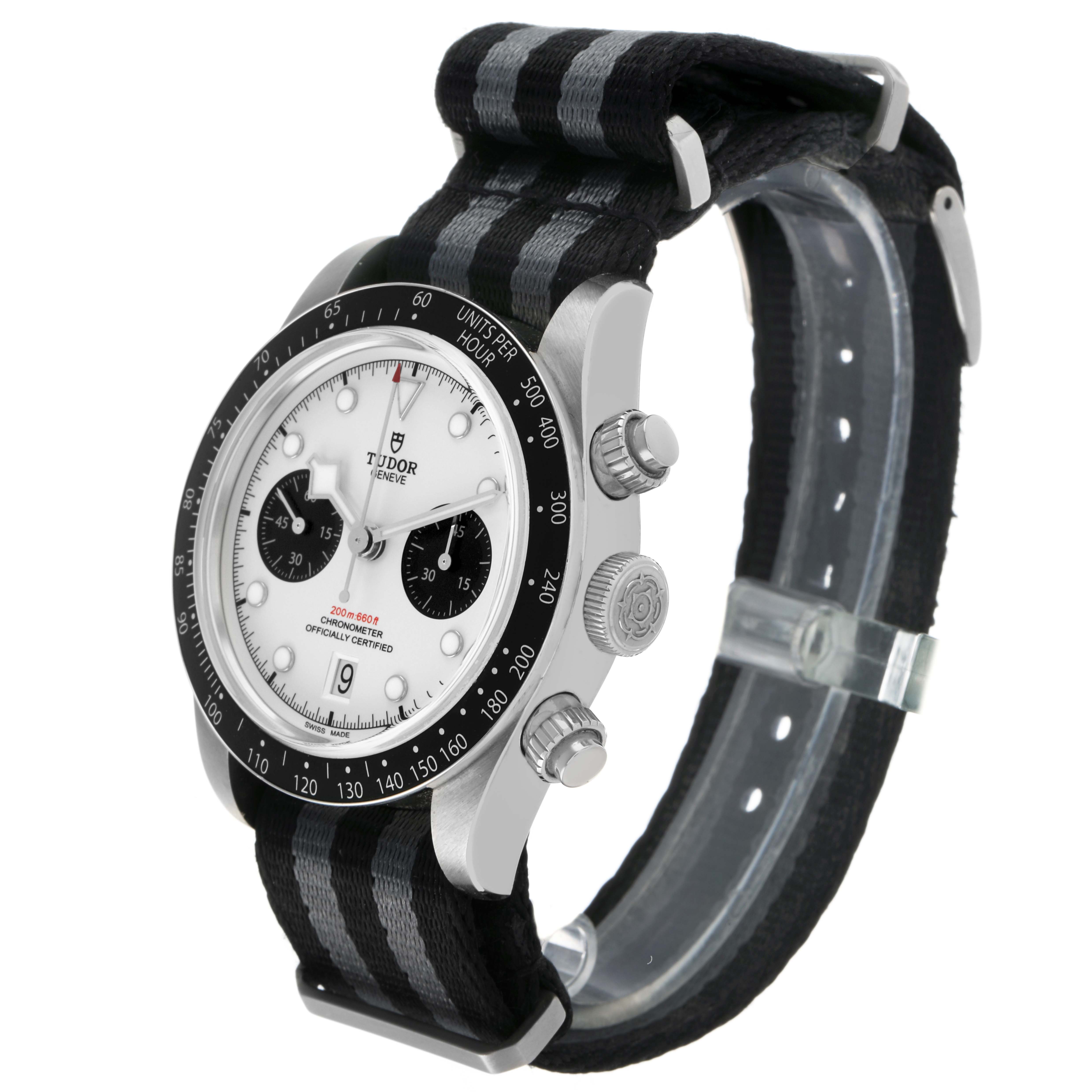 The Tudor Heritage Chrono 79360 Men's Stainless Steel Silver Dial is shown at a slight angle, highlighting its bezel, dial, pushers, crown, and NATO strap.