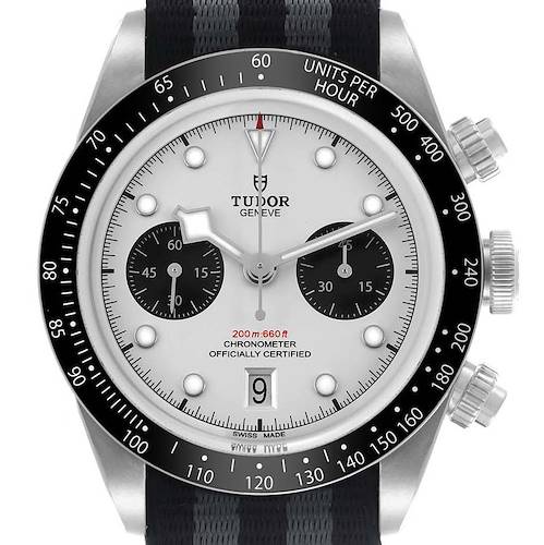 The watch is a Tudor Heritage Chrono 79360 Men's Stainless Steel Silver Dial shown from a front angle, featuring its dial, bezel, and crown.