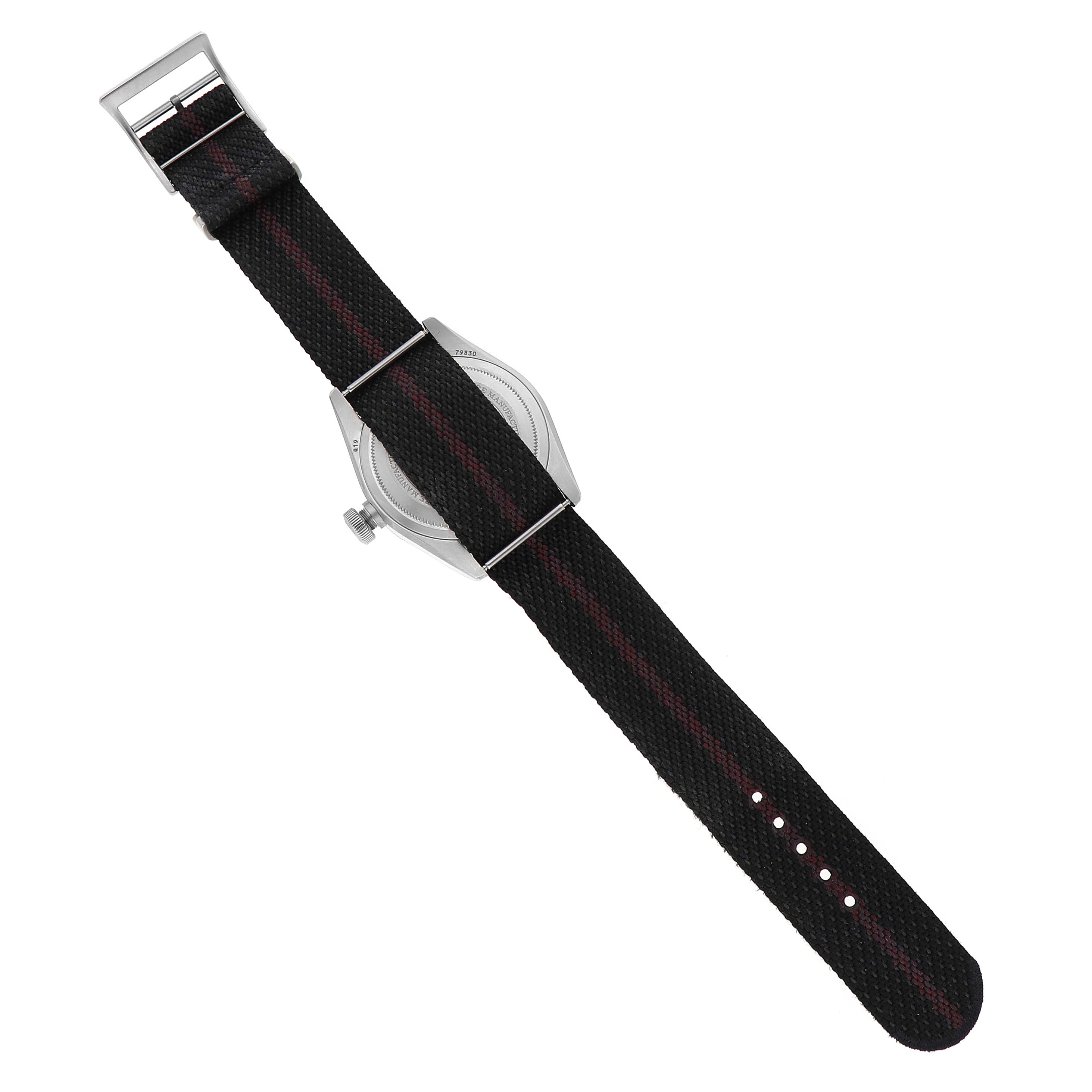 The Tudor Heritage Black Bay 79830RB Men's Stainless Steel Black Dial watch is shown from the back, highlighting the strap and case back.