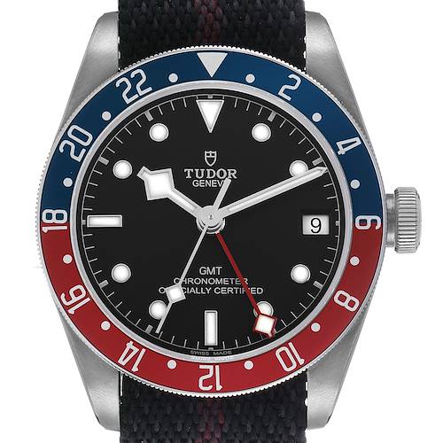 The Tudor Heritage Black Bay 79830RB Men's Stainless Steel Black Dial watch is shown from a front angle, highlighting its bezel, dial, and crown.
