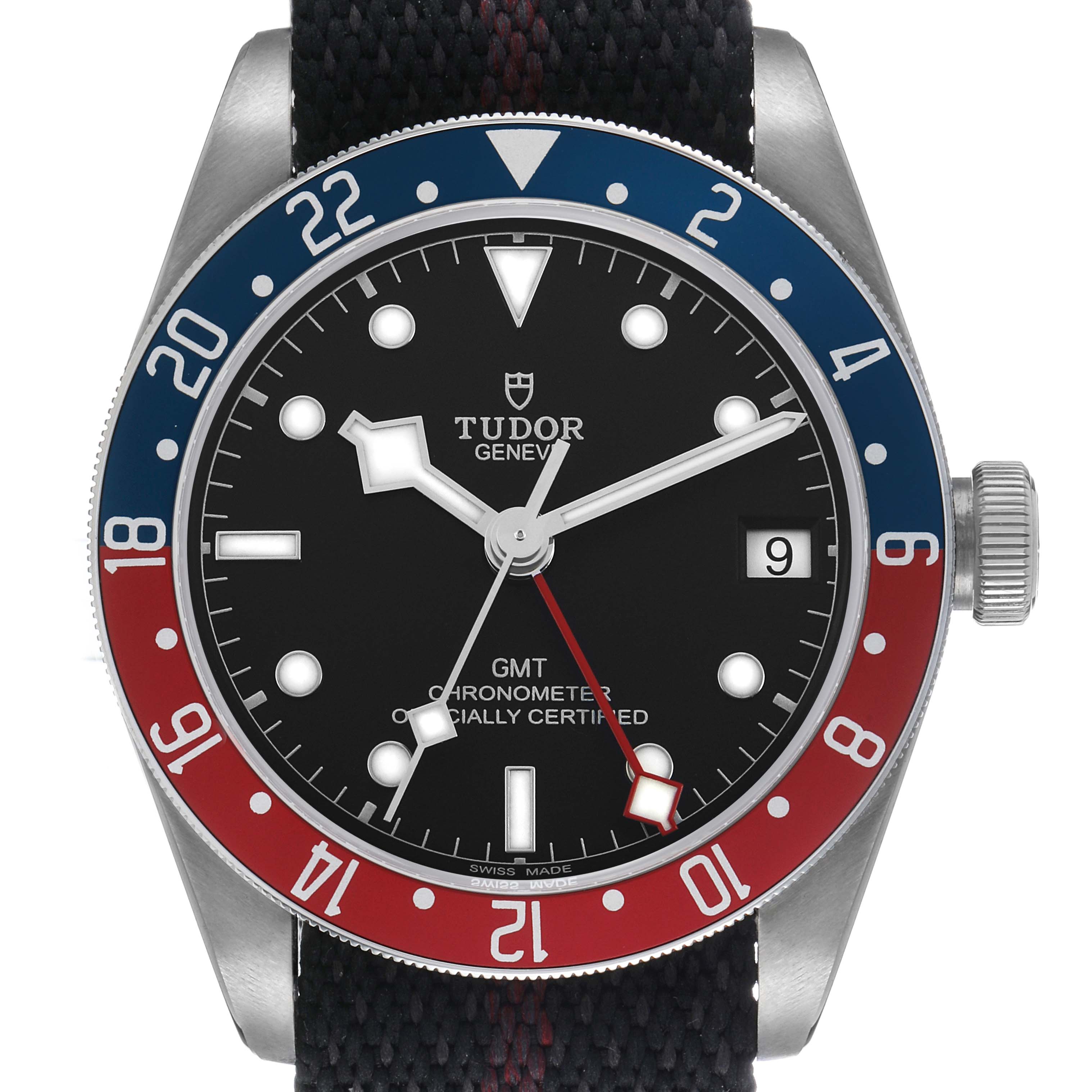 The image shows a frontal view of the Tudor Heritage Black Bay 79830RB Men's Stainless Steel Black Dial watch, highlighting its dial, bezel, crown, and strap.