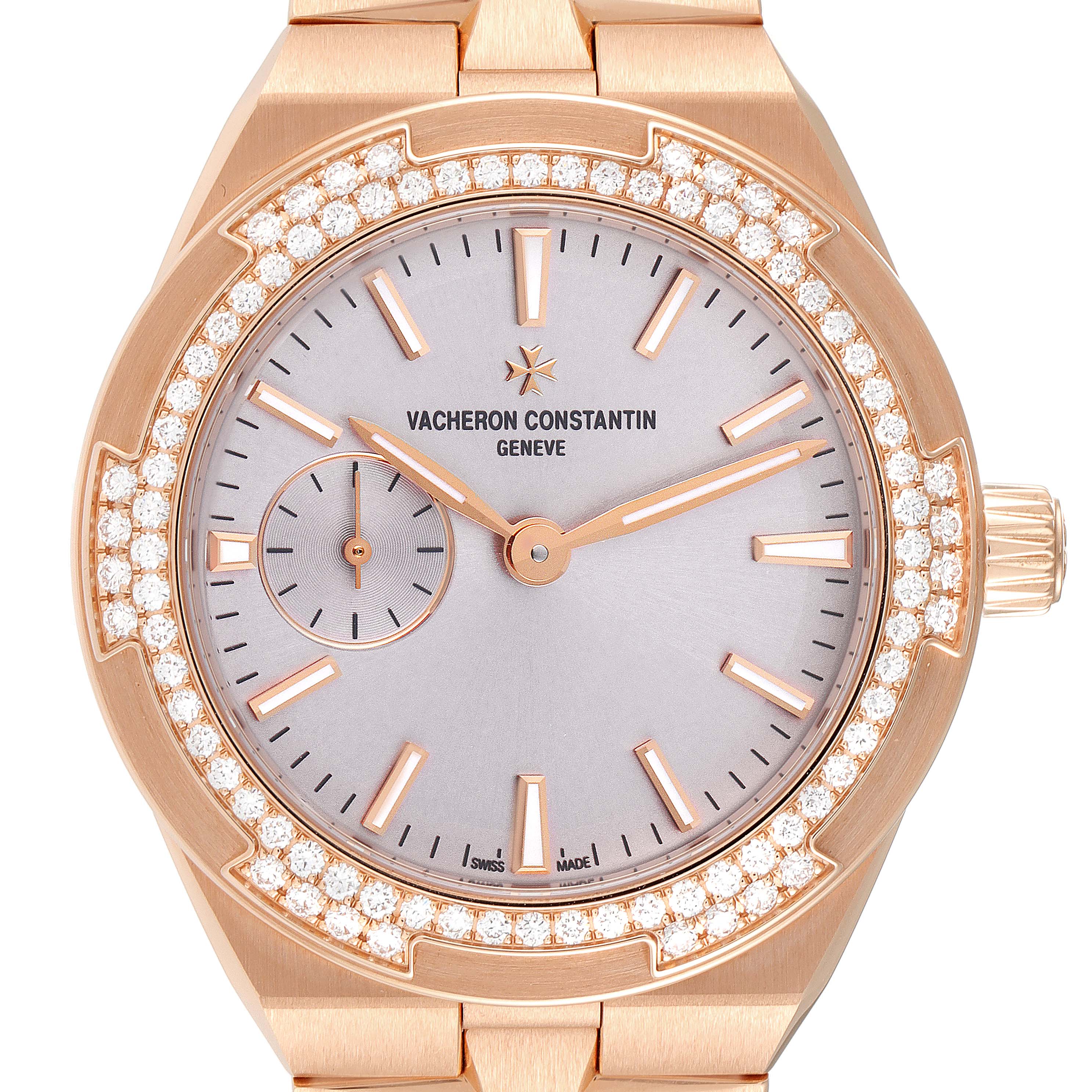 This image shows a front view of a Vacheron Constantin Overseas 2305V/100R-B07 Women's Rose Gold Pink Dial 2305V/100R-B07 Women's Rose Gold Pink Dial model watch, highlighting the diamond-studded bezel and dial.