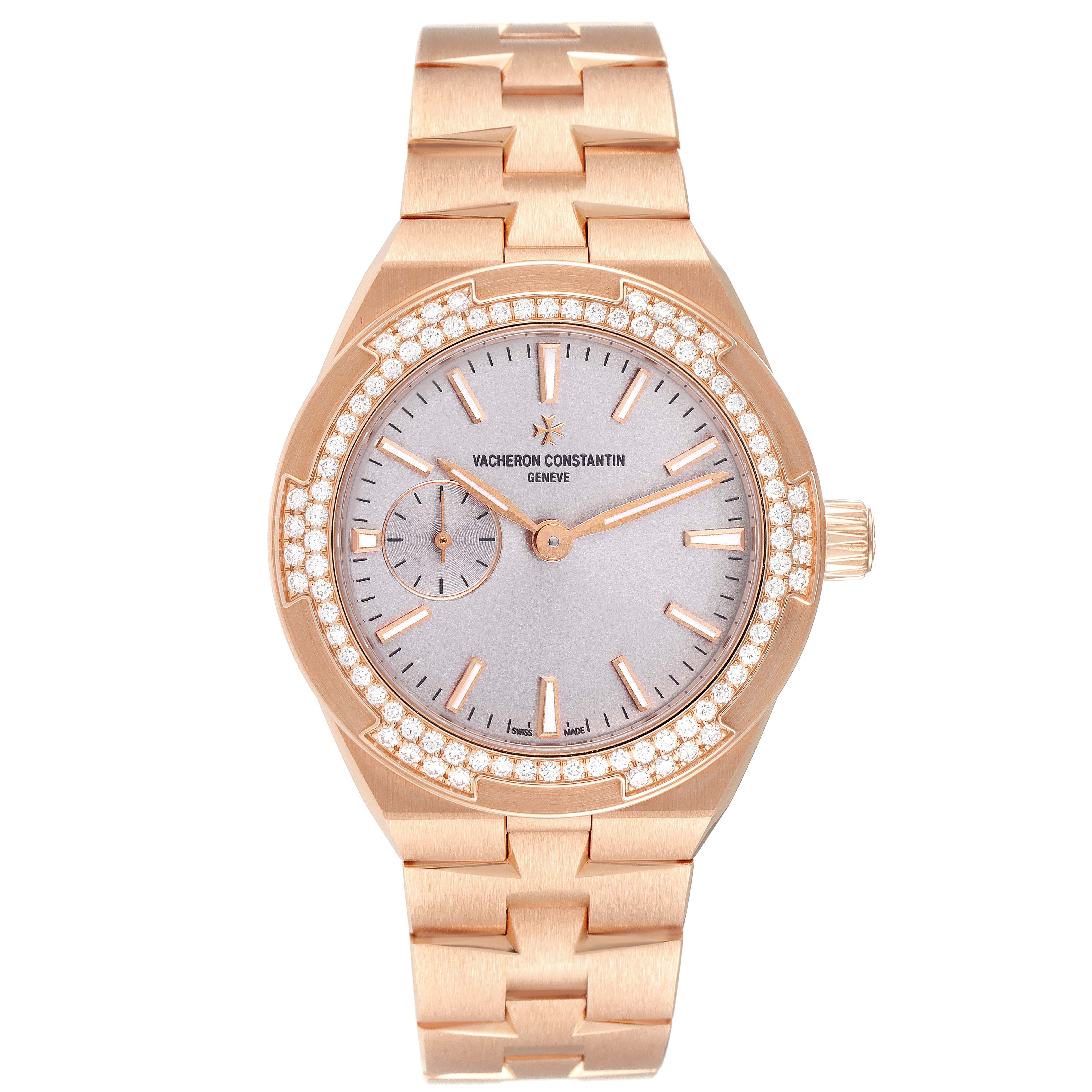 The image shows a front view of the Vacheron Constantin Overseas 2305V/100R-B07 Women's Rose Gold Pink Dial 2305V/100R-B07 Women's Rose Gold Pink Dial watch, highlighting its face, bezel, and bracelet.
