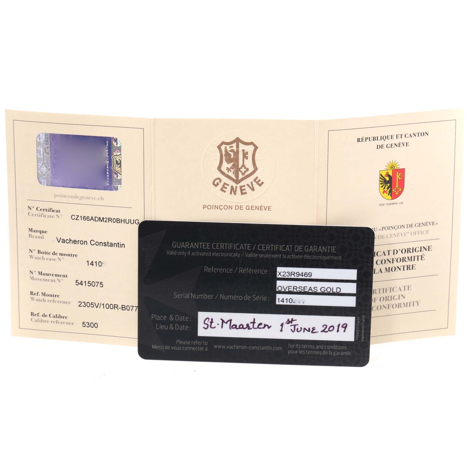 The image shows a guarantee certificate and a warranty card for the Vacheron Constantin Overseas 2305V/100R-B07 Women's Rose Gold Pink Dial 2305V/100R-B07 Women's Rose Gold Pink Dial model watch.