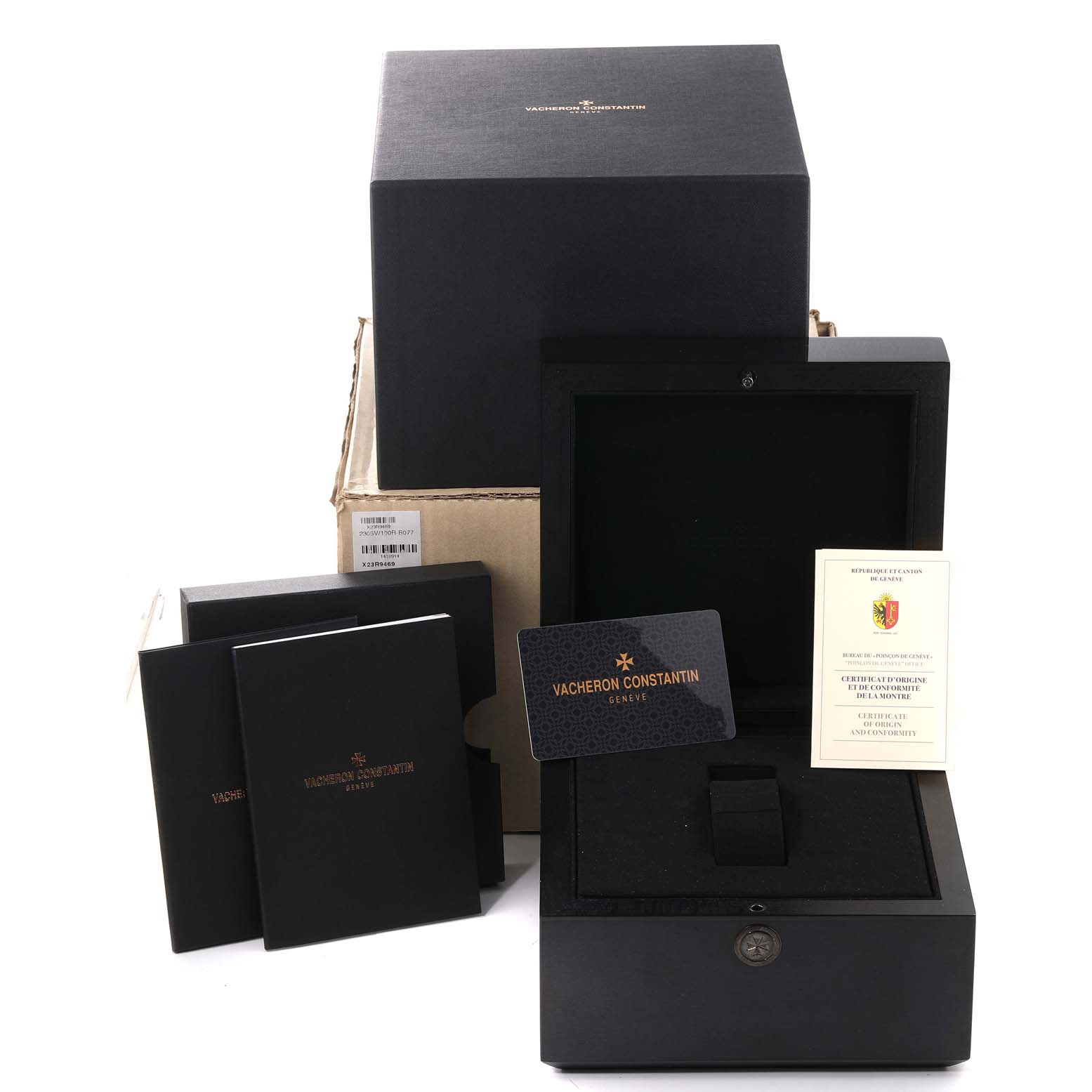 This image shows the packaging, a watch box, manuals, and certification cards for the Vacheron Constantin Overseas 2305V/100R-B07 Women's Rose Gold Pink Dial 2305V/100R-B07 Women's Rose Gold Pink Dial model.