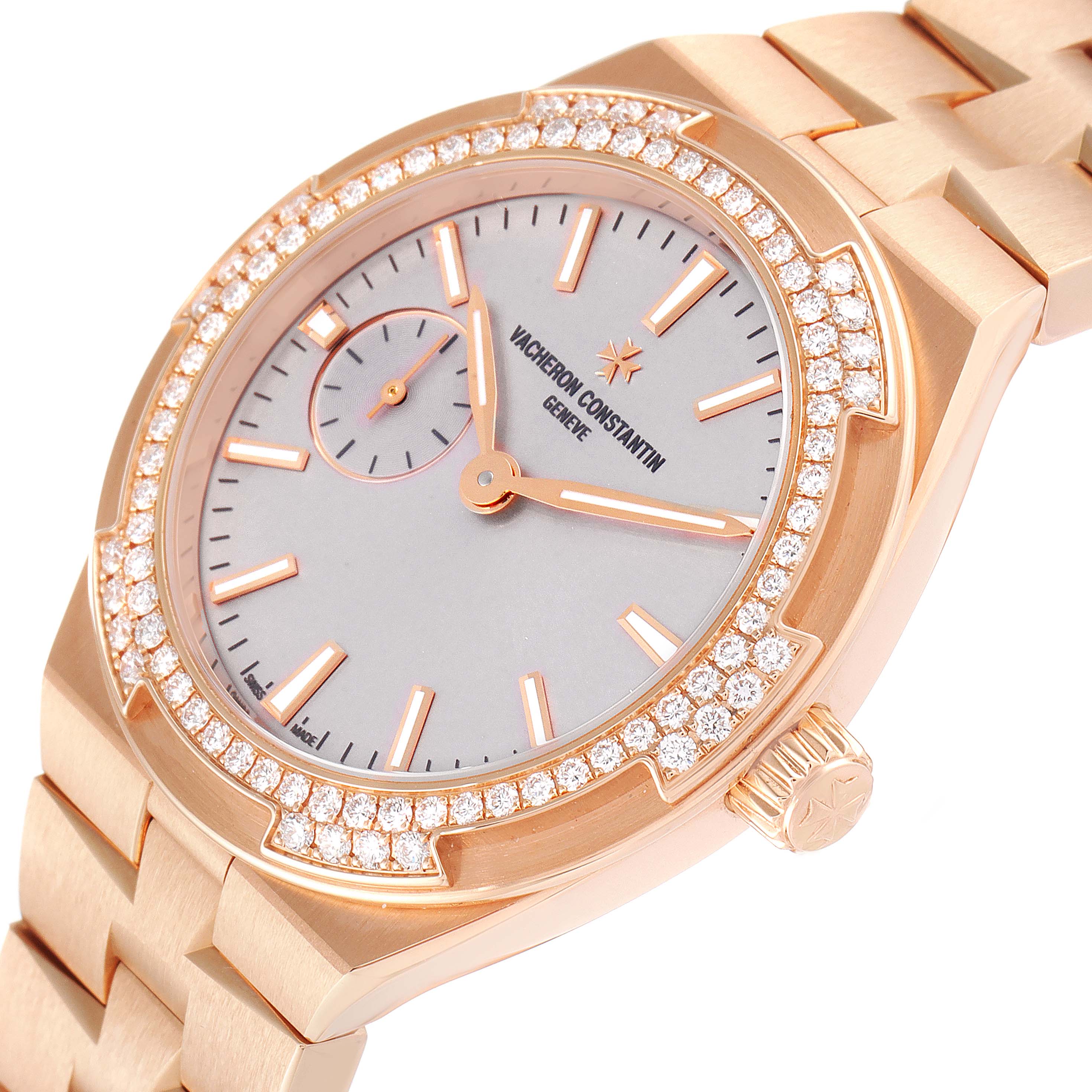The image shows a close-up angle of the Vacheron Constantin Overseas 2305V/100R-B07 Women's Rose Gold Pink Dial 2305V/100R-B07 Women's Rose Gold Pink Dial watch, highlighting the face, bezel, and part of the bracelet.