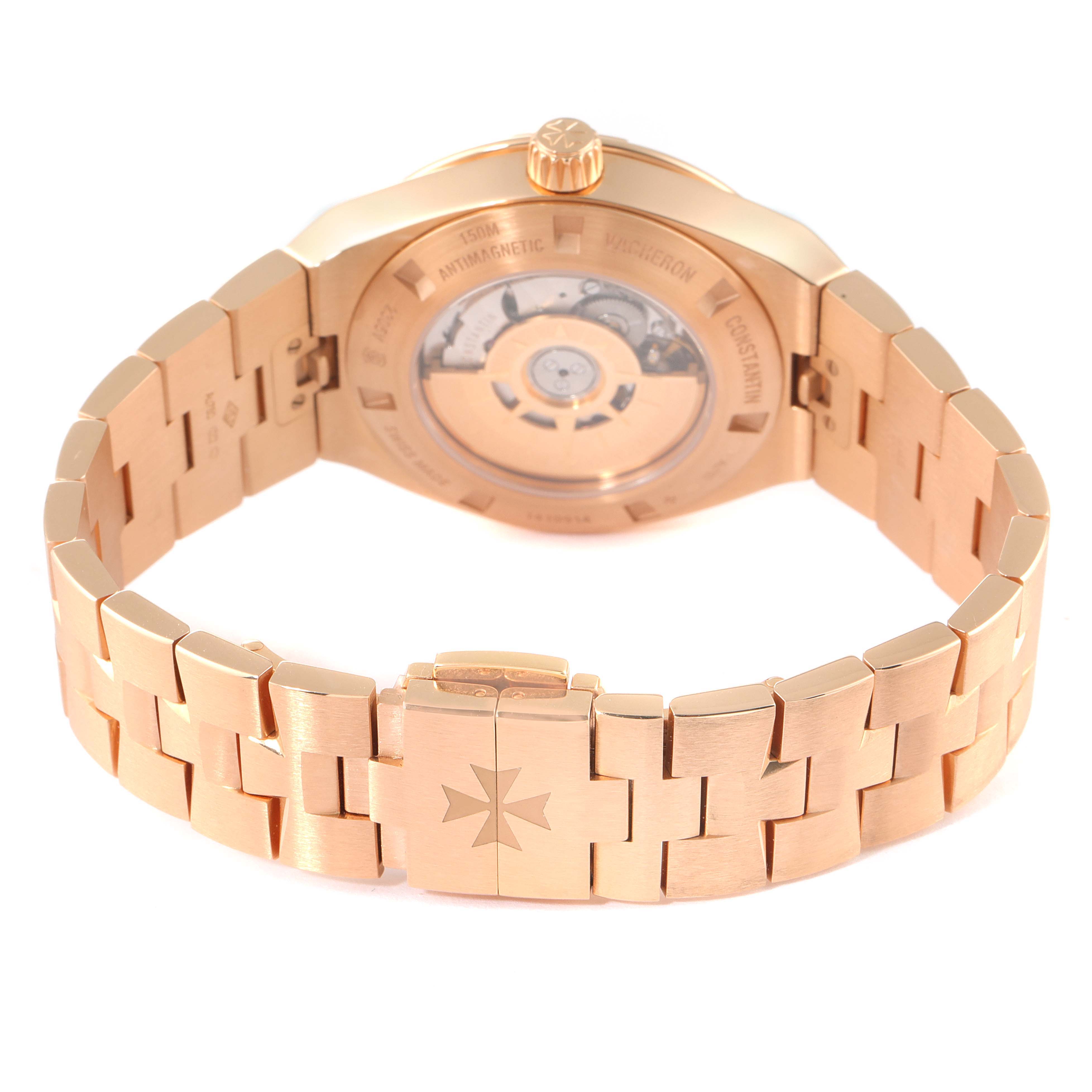 The image shows the back view of a Vacheron Constantin Overseas 2305V/100R-B07 Women's Rose Gold Pink Dial 2305V/100R-B07 Women's Rose Gold Pink Dial model watch, highlighting the clasp and case back.