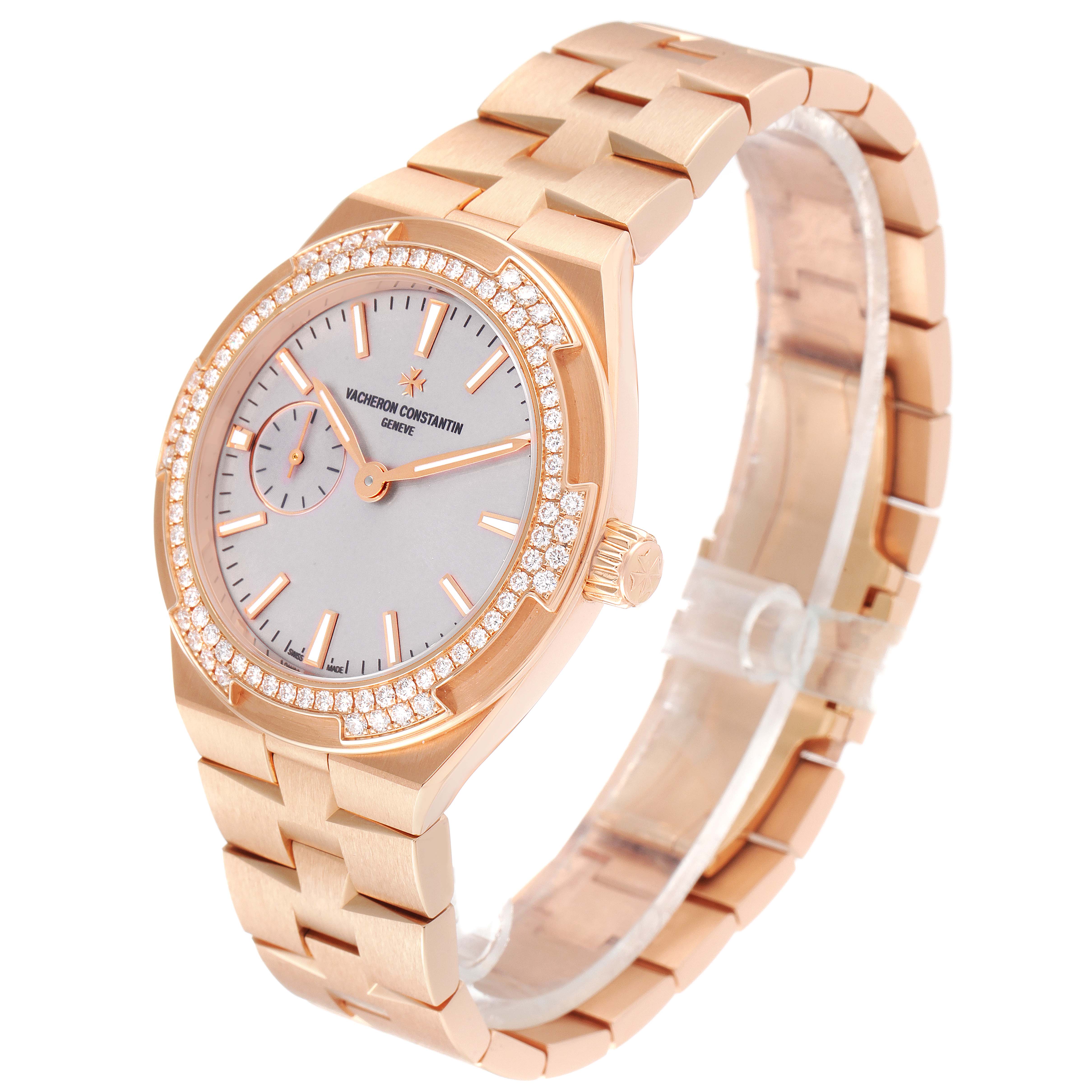 A Vacheron Constantin Overseas 2305V/100R-B07 Women's Rose Gold Pink Dial 2305V/100R-B07 Women's Rose Gold Pink Dial watch is shown at a three-quarter angle, displaying its face, bezel, crown, and bracelet.