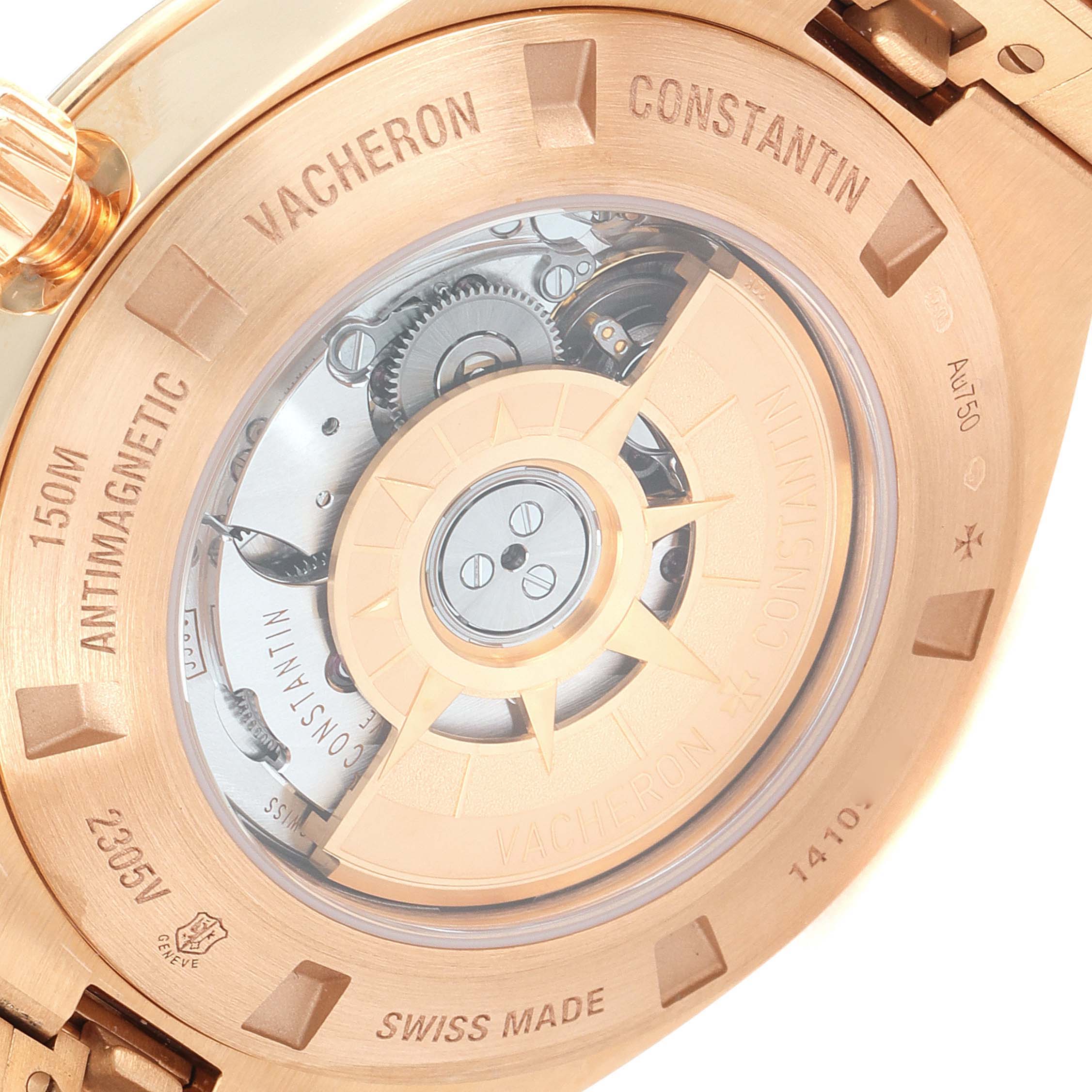 This image shows the back of the Vacheron Constantin Overseas 2305V/100R-B07 Women's Rose Gold Pink Dial 2305V/100R-B07 Women's Rose Gold Pink Dial watch, highlighting the movement and the rotor through a transparent case back.