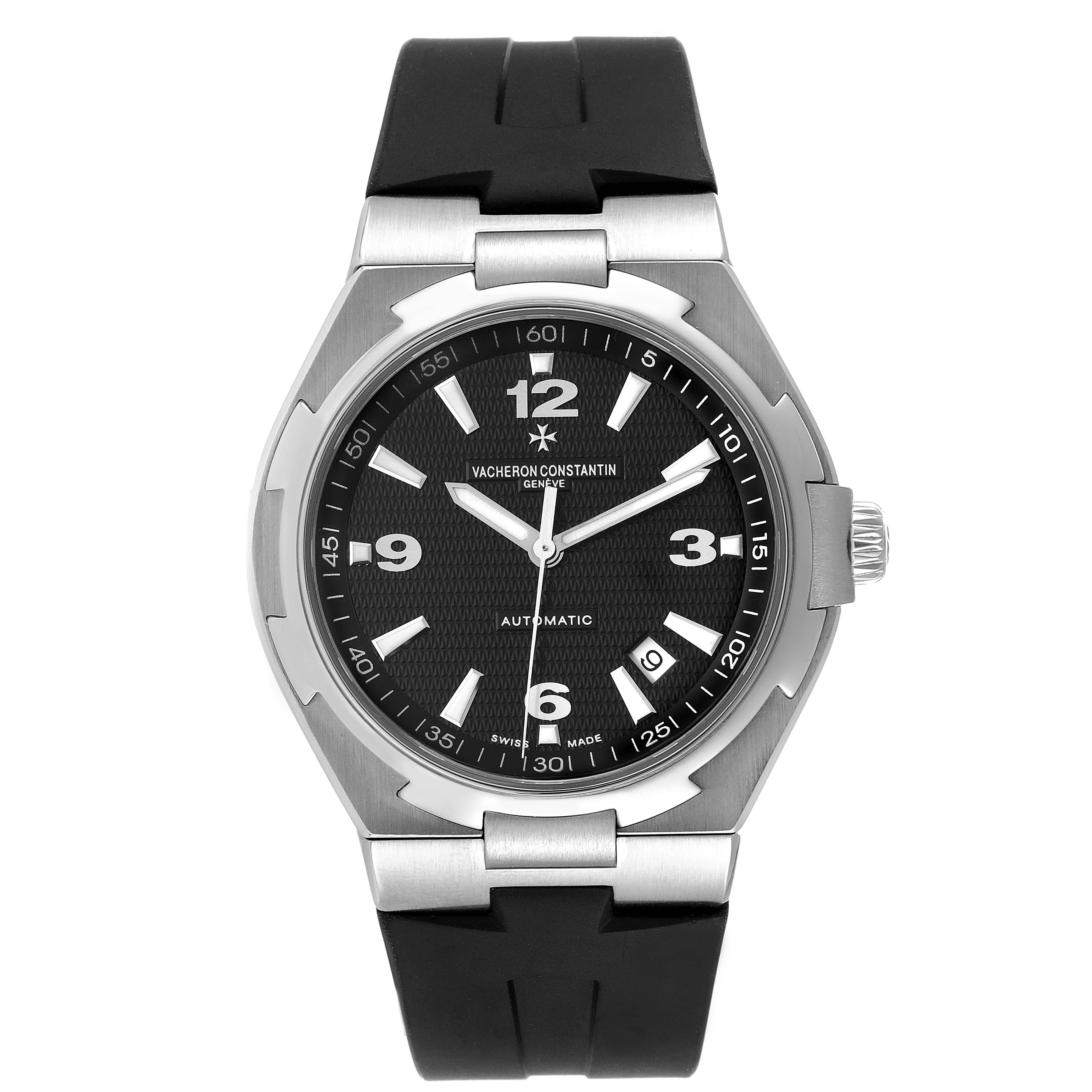 The image shows a front view of the Vacheron Constantin Overseas 47040/B01A-9094 Men's Stainless Steel Black Dial 47040/B01A-9094 Men's Stainless Steel Black Dial watch with a black dial and rubber strap.