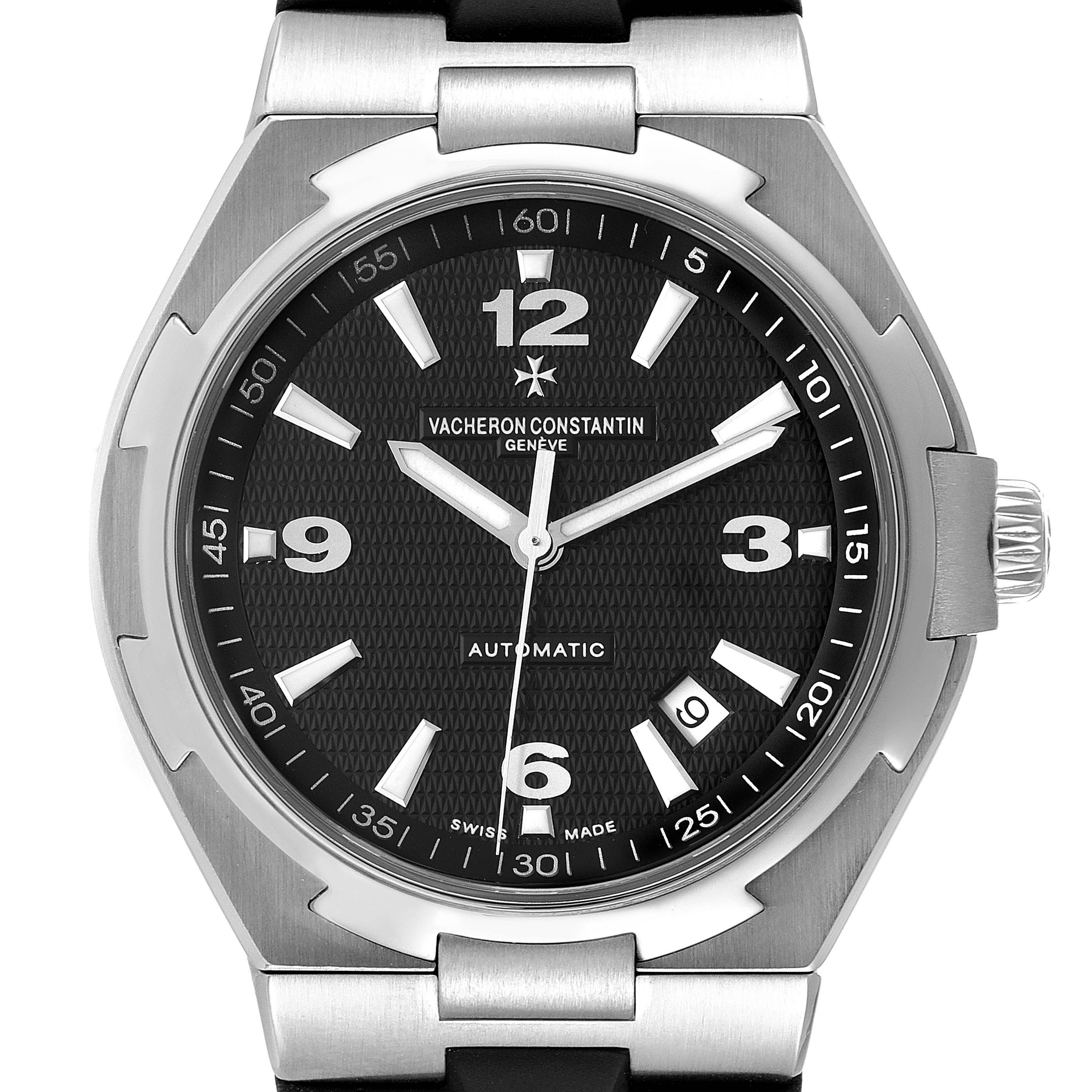 This image shows a front view of the dial and bezel of a Vacheron Constantin Overseas 47040/B01A-9094 Men's Stainless Steel Black Dial 47040/B01A-9094 Men's Stainless Steel Black Dial model watch.