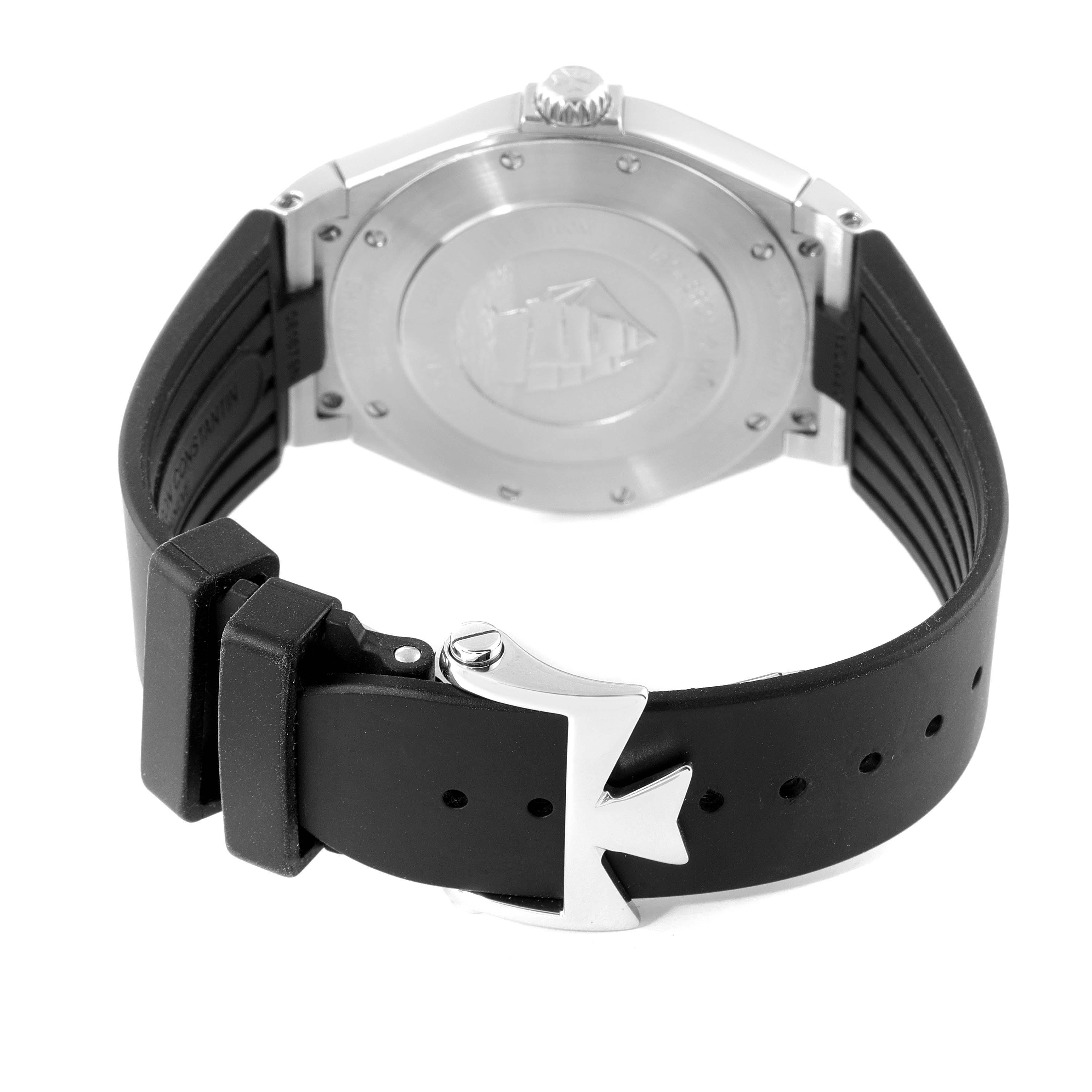 The image shows the back of the Vacheron Constantin Overseas 47040/B01A-9094 Men's Stainless Steel Black Dial 47040/B01A-9094 Men's Stainless Steel Black Dial watch, including the case back, crown, and rubber strap with a steel buckle.