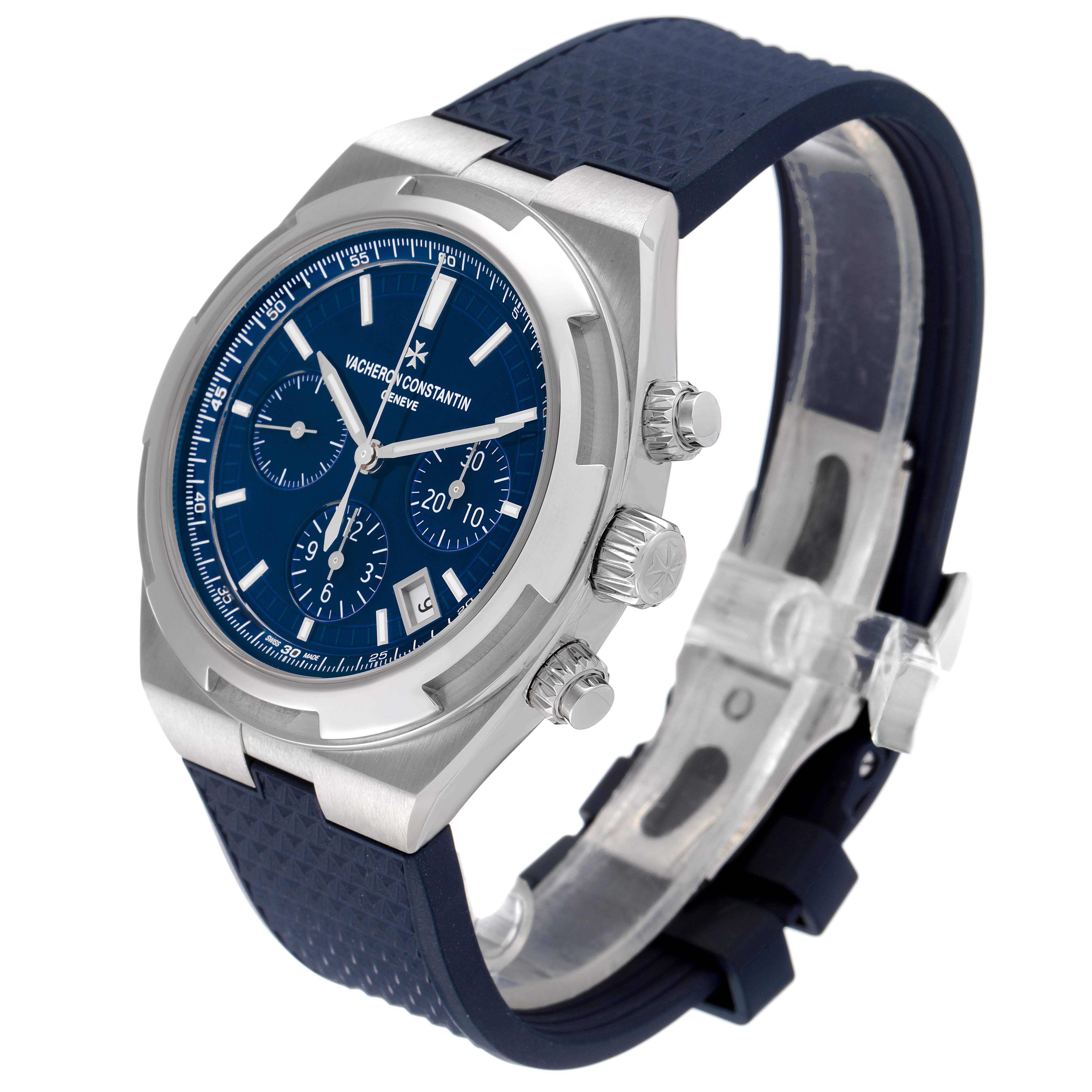 The image shows a Vacheron Constantin Overseas 5500V/110A-B148 Men's Stainless Steel Blue Dial 5500V/110A-B148 Men's Stainless Steel Blue Dial watch at a three-quarter angle, highlighting the dial, crown, and strap.