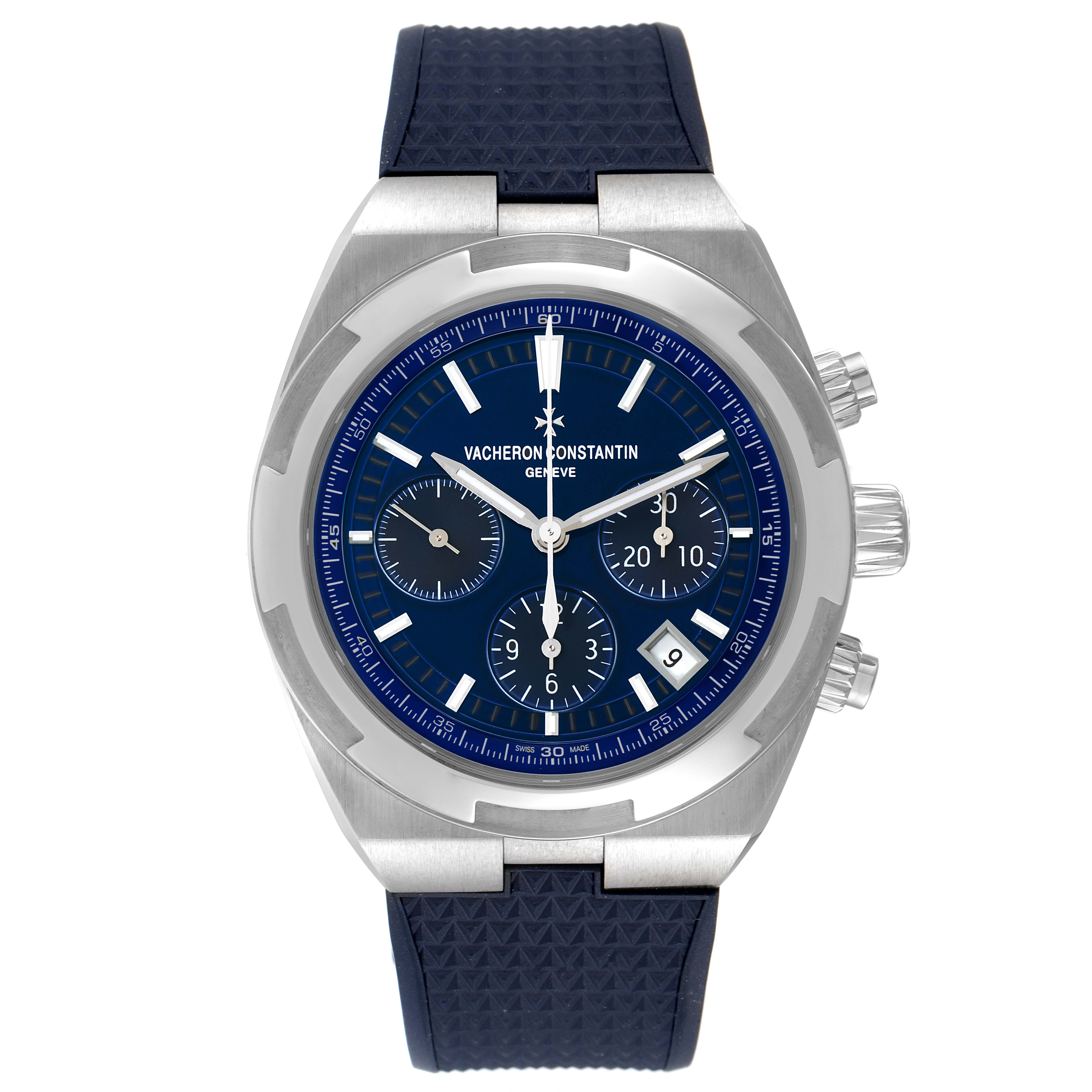 The image shows a front view of the Vacheron Constantin Overseas 5500V/110A-B148 Men's Stainless Steel Blue Dial 5500V/110A-B148 Men's Stainless Steel Blue Dial watch, displaying its face, dial, and strap.