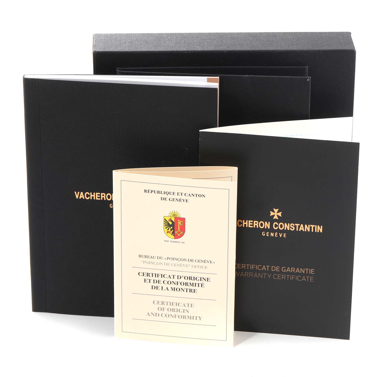 The image shows the warranty certificates and packaging for a Vacheron Constantin Overseas 5500V/110A-B148 Men's Stainless Steel Blue Dial 5500V/110A-B148 Men's Stainless Steel Blue Dial watch.