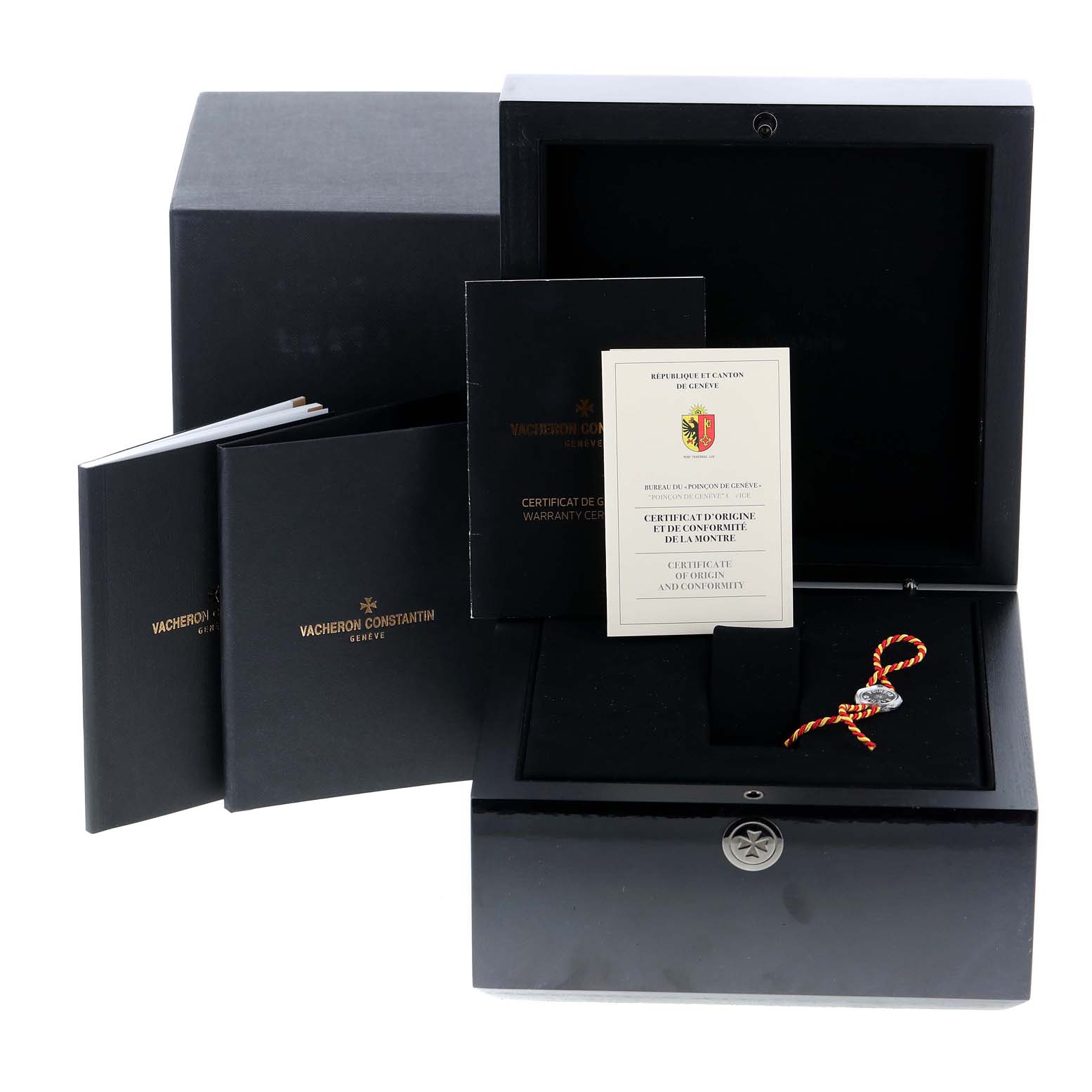 The image shows the packaging and documentation for a Vacheron Constantin Overseas 5500V/110A-B148 Men's Stainless Steel Blue Dial 5500V/110A-B148 Men's Stainless Steel Blue Dial model watch.