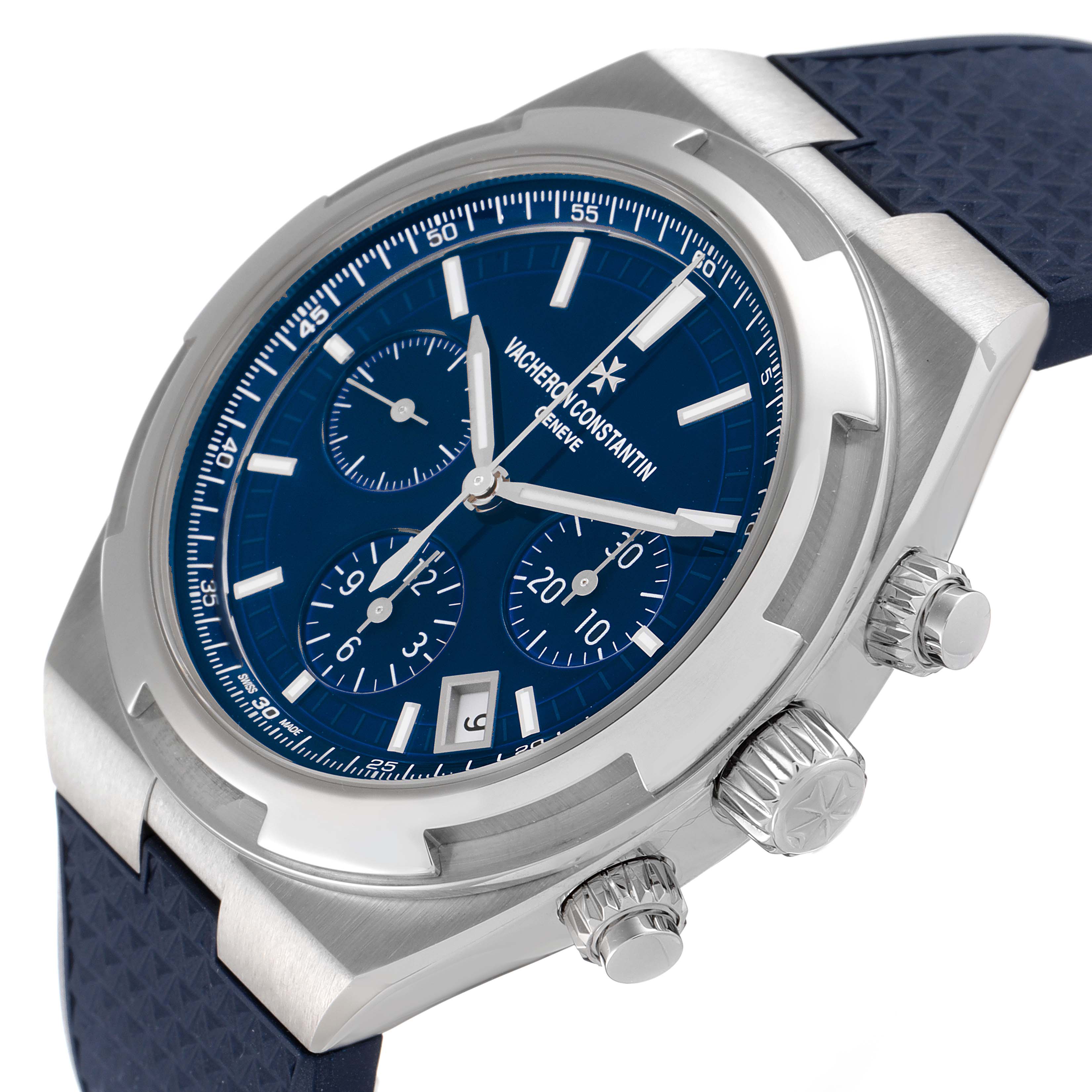 The image shows a close-up angle of the Vacheron Constantin Overseas 5500V/110A-B148 Men's Stainless Steel Blue Dial 5500V/110A-B148 Men's Stainless Steel Blue Dial watch, highlighting the case, bezel, blue dial, and crown.